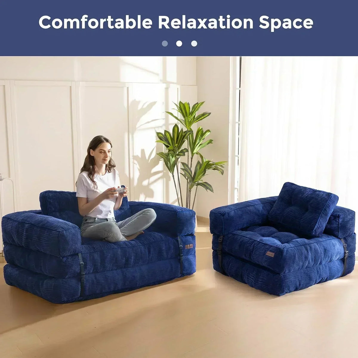 Folding Sofa Bed L-Shaped Convertible Sofa Bed with Armrests and Pillows
