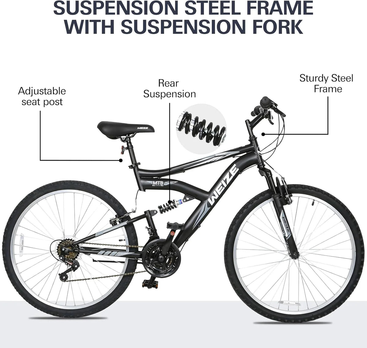 WEIZE Mountain Bike, 26 27.5 inch Outdoor Hybrid Bikes,18-Speed/High-Carbon Steel/Dual Full Suspension, Adjustable Ergonomic Seat for Men Women Adult, MTB Bicycle with Suspension Fork,Sleek Colors