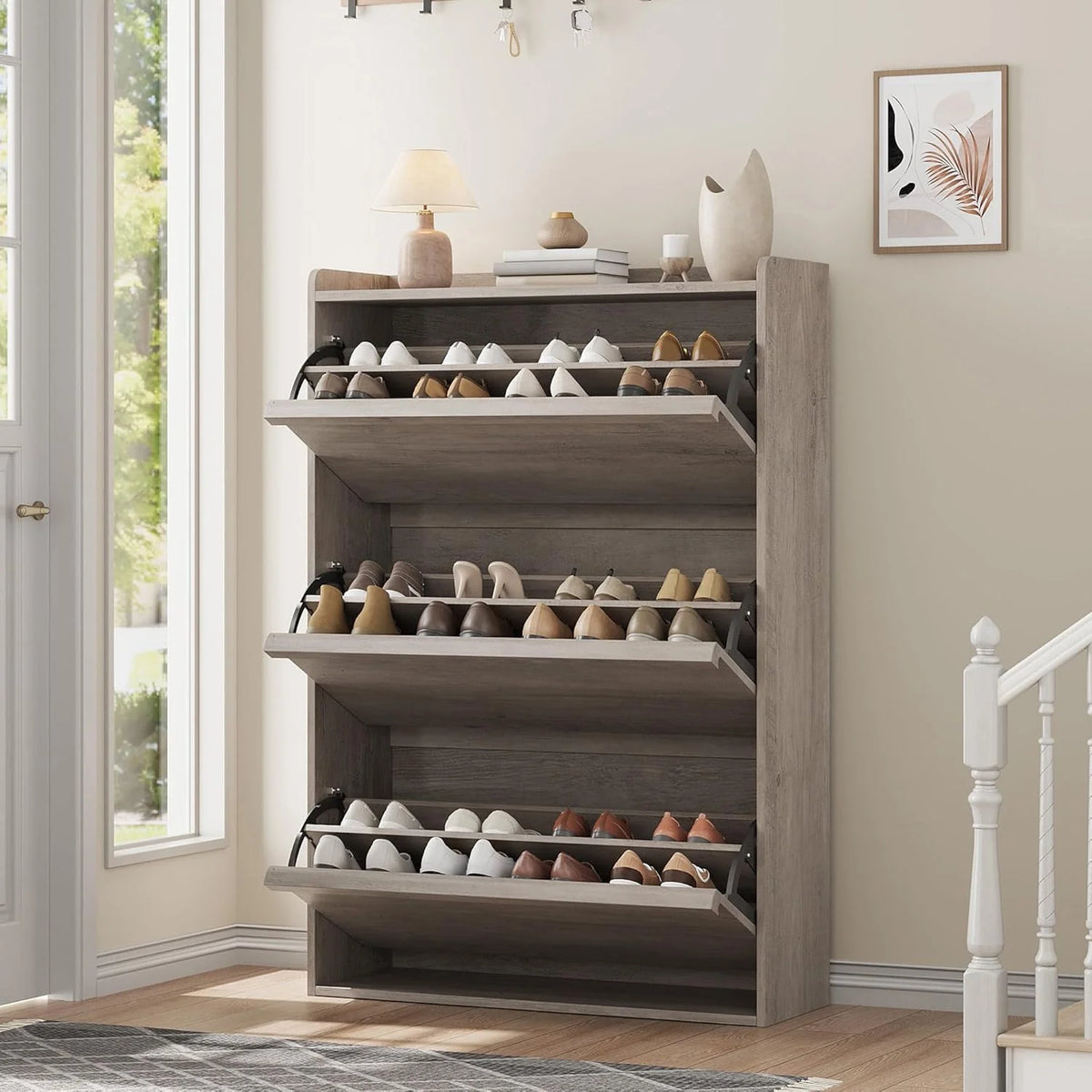 GarveeHome Shoe Cabinet with 3 Flip Top Drawers, Wooden Shoe Cabinet with Adjustable Shelves