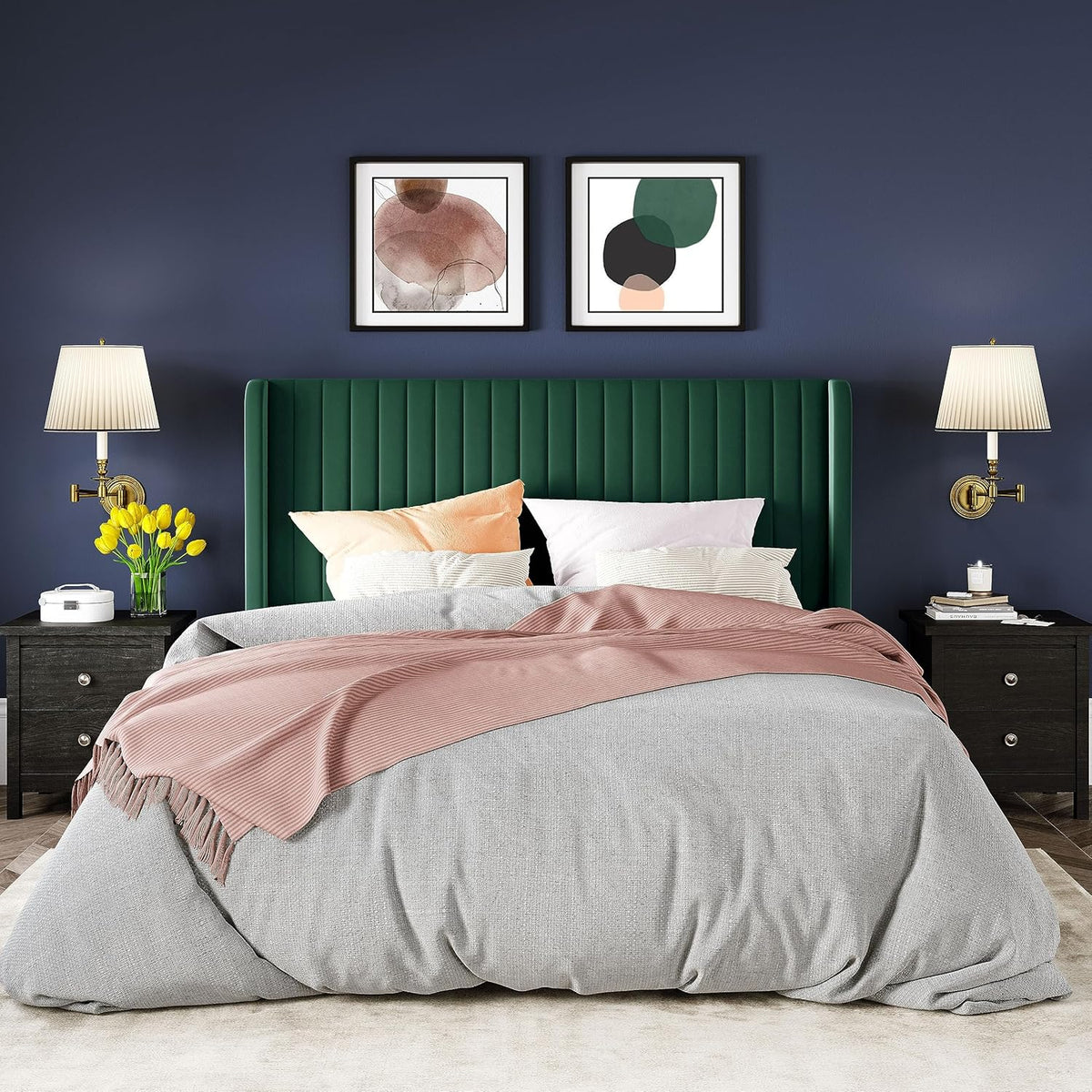 Allewie Full Size Velvet Bed Frame Vertical Channel Tufted Wingback Headboard Upholstered Bed