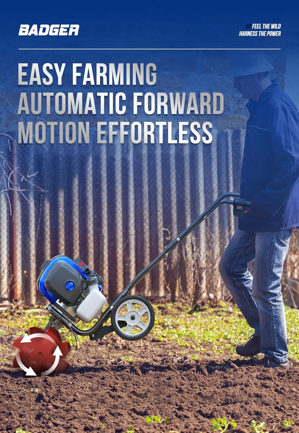 Garden Tiller 53cc Mini Cultivator 15 inch Powerful Liftable Booster Rod Tilling Tool for Lawn, Garden and Field Soil Cultivation