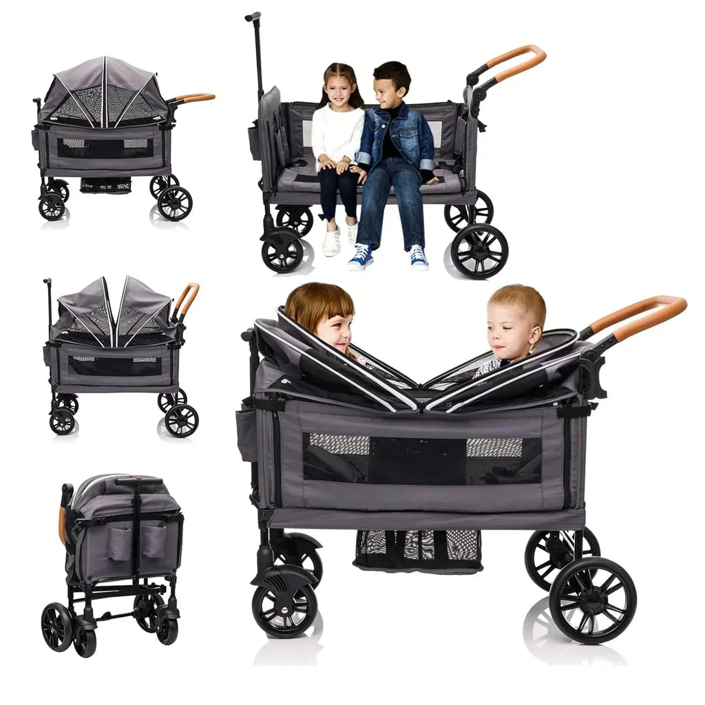Wagon Stroller for 2 Kids Cargo-Travel Stroller Push-Pull Double Wagon Lightweight Folding Stroller
