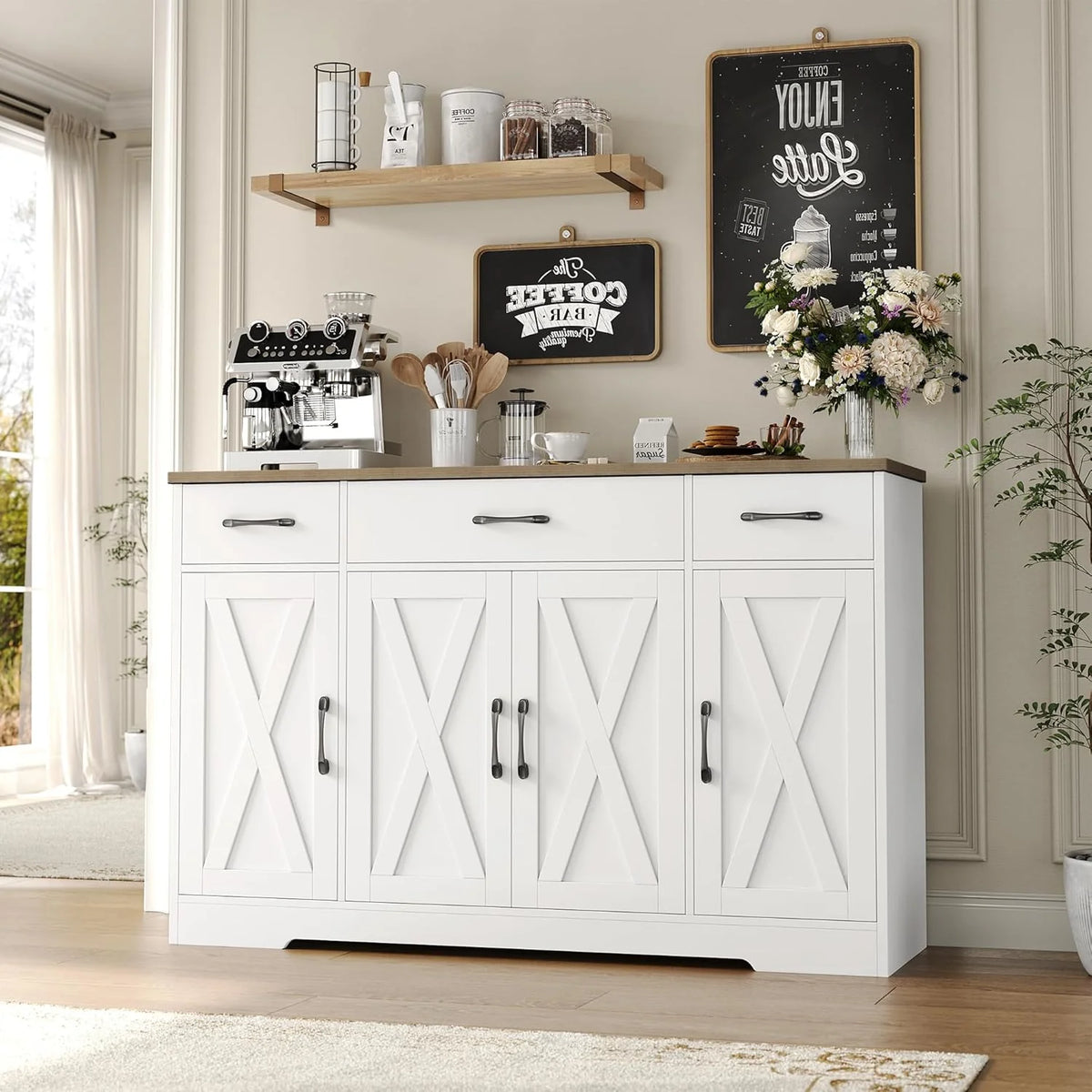 Sideboard with drawers, large 55-inch sideboard, sideboard storage with shelves and doors, modern farmhouse coffee bar wood kitchen dining table
