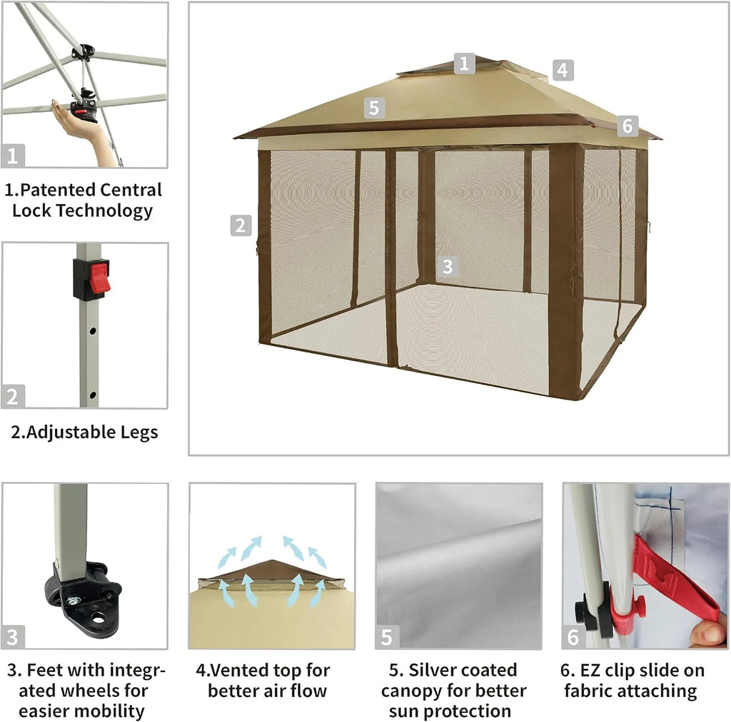 CROWN SHADES 13x13 Pop Up Gazebo, Canopy Tent, Gazebos on Clearance - Outdoor Gazebo for Backyard & Patio Furniture - Carpa Pop Up Tent with Wheeled STO-N-Go Cover Bag (White)