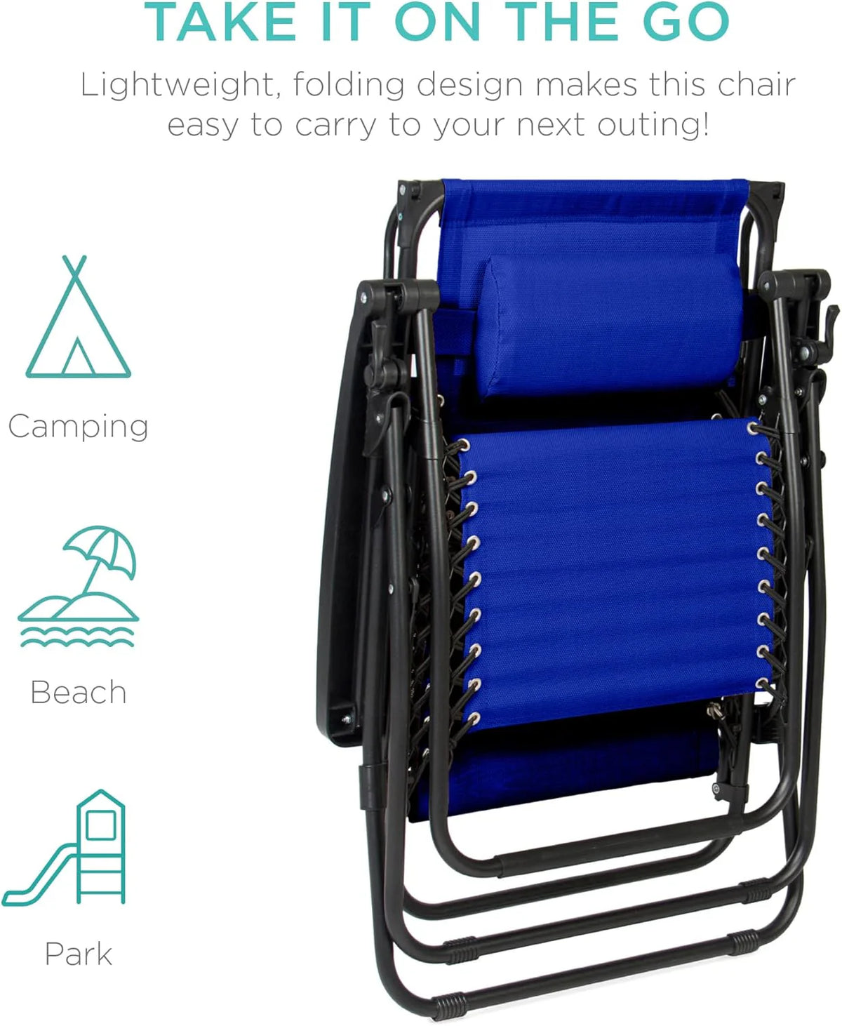 Best Choice Products Folding Zero Gravity Outdoor Recliner Patio Lounge Chair w/Adjustable Canopy Shade, Headrest, Side Accessory Tray, Textilene Mesh - Peacock Blue