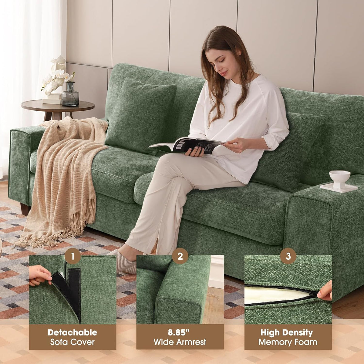 DOPEDIO living room double sofa chenille lounge chair removable solid wood frame