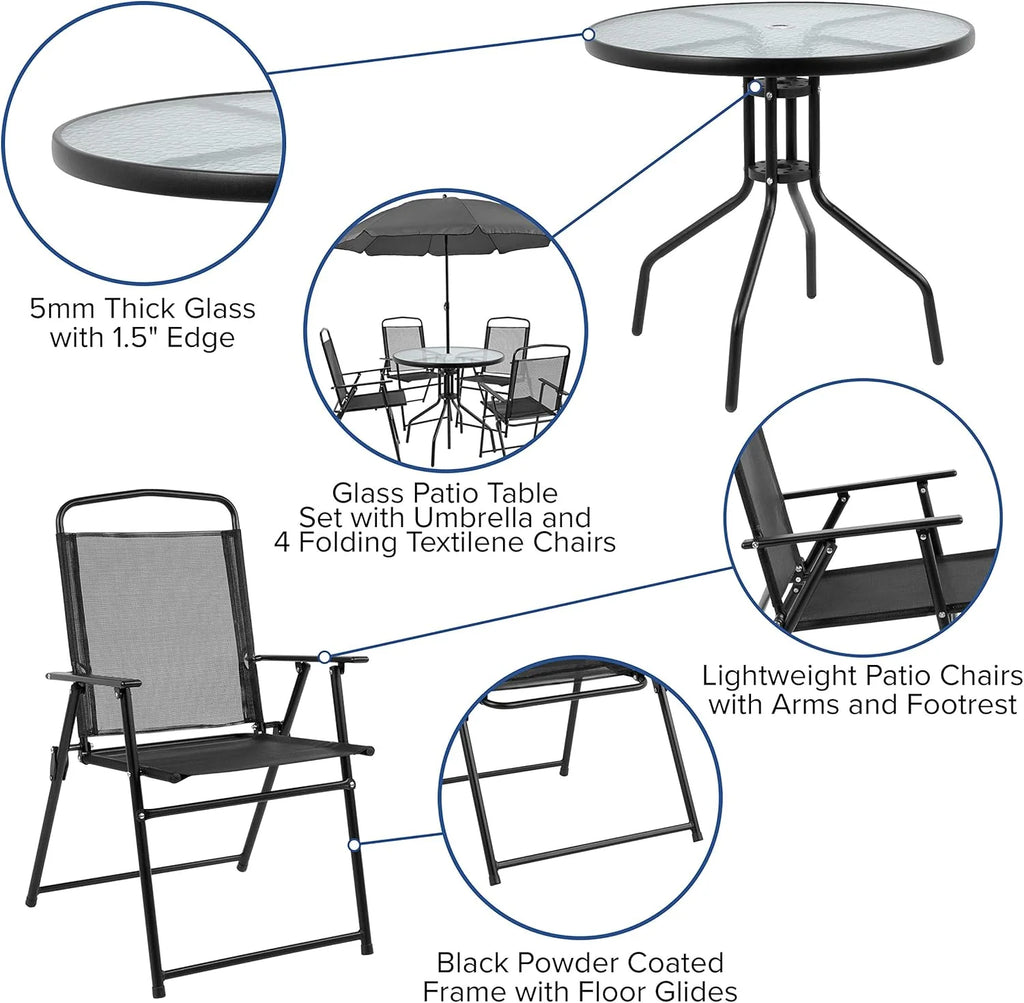 EMMA + OLIVER 6 Piece Brown Patio Garden Set with Umbrella Table and Set of 4 Folding Chairs
