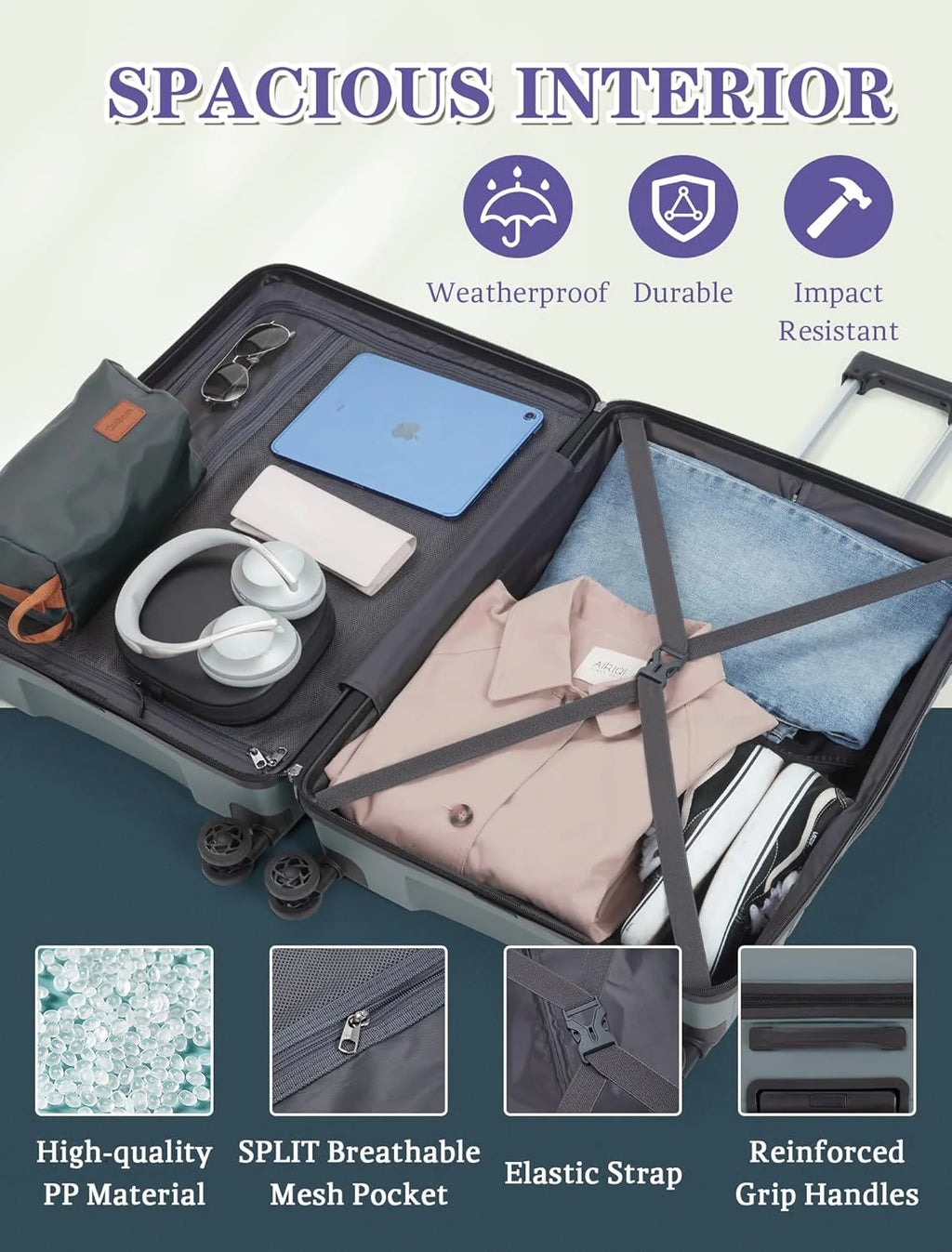 5-piece luggage set with wheels, ABS hardshell suitcase with spinner wheels
