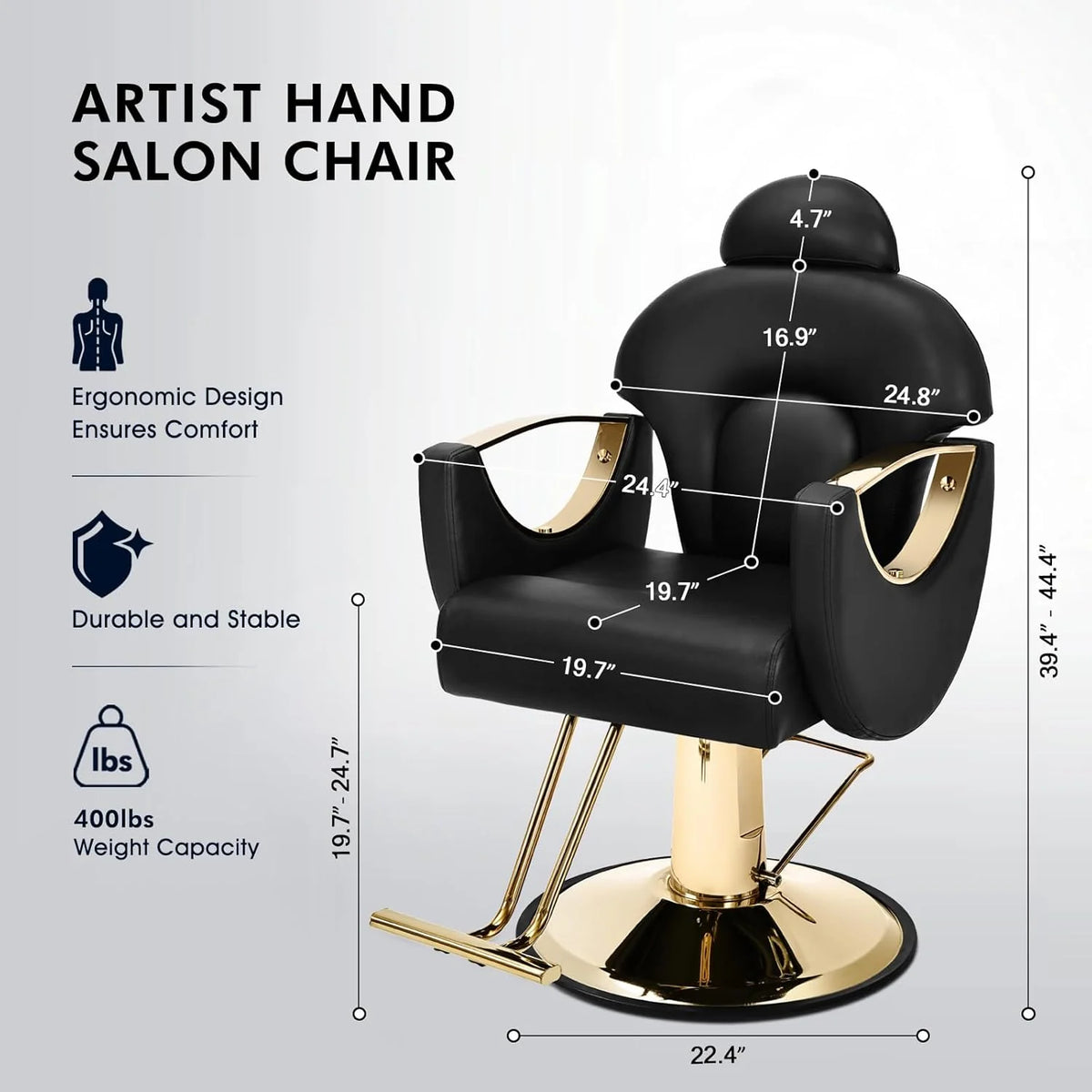 Artist Hand Salon Chair Reclining Barber Chair Oversized Hydraulic Pump Heavy Duty Hair Salon Chair 360 Degree Swivel Hair Chair for Hair Stylist, Beauty Spa Equipment Max Load 400 LBS, Black and Gold
