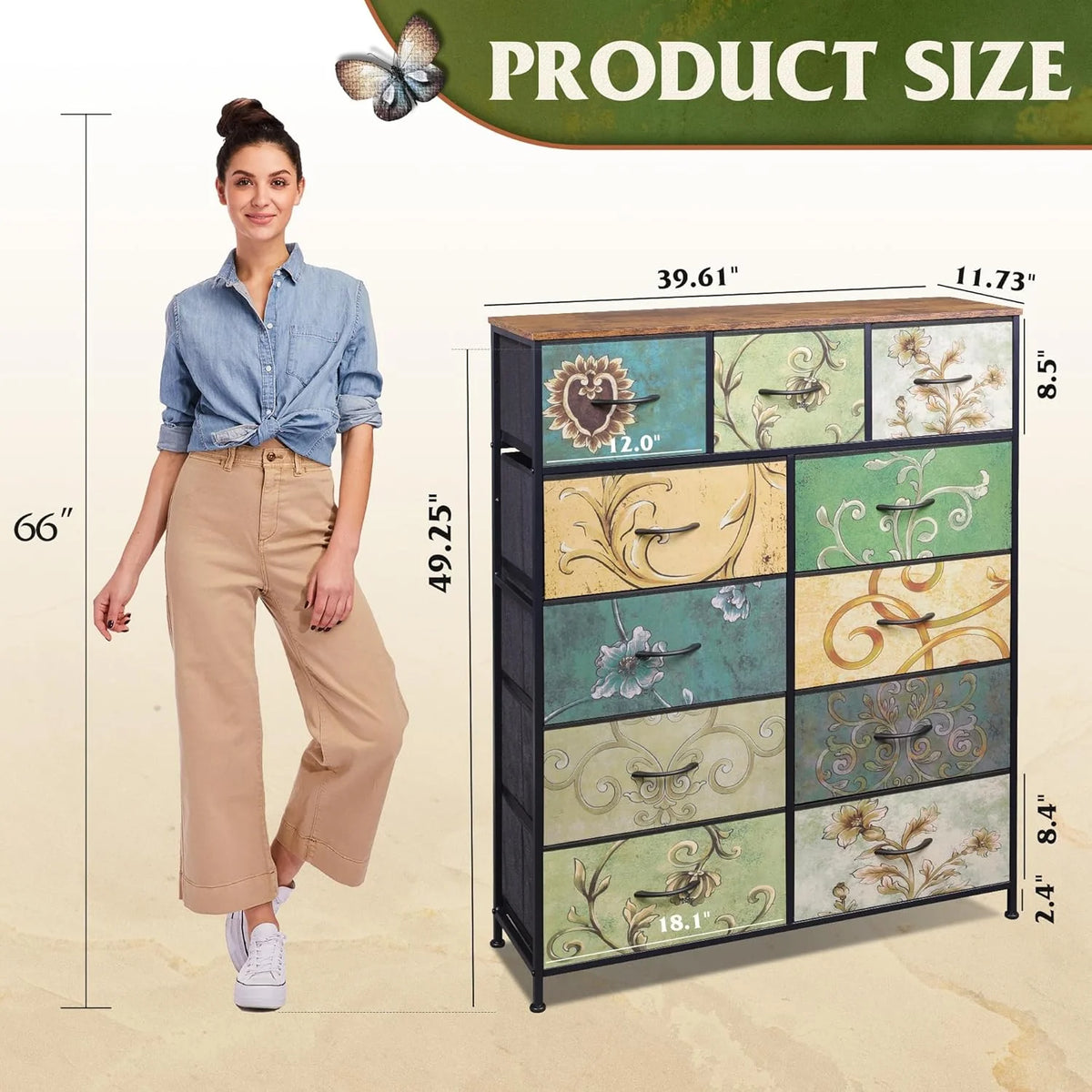 Storage Organizer Unit with 11 Fabric Bins, Storage Drawers Organizer with Steel Frame, Tall Storage Tower Organizaton