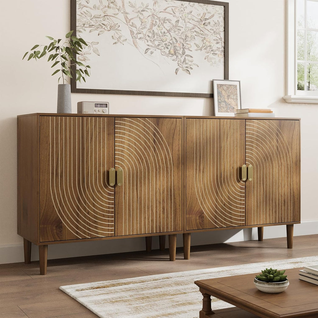Walnut sideboard, freestanding dining cabinet with cable channel design, wooden storage cabinet with adjustable shelves