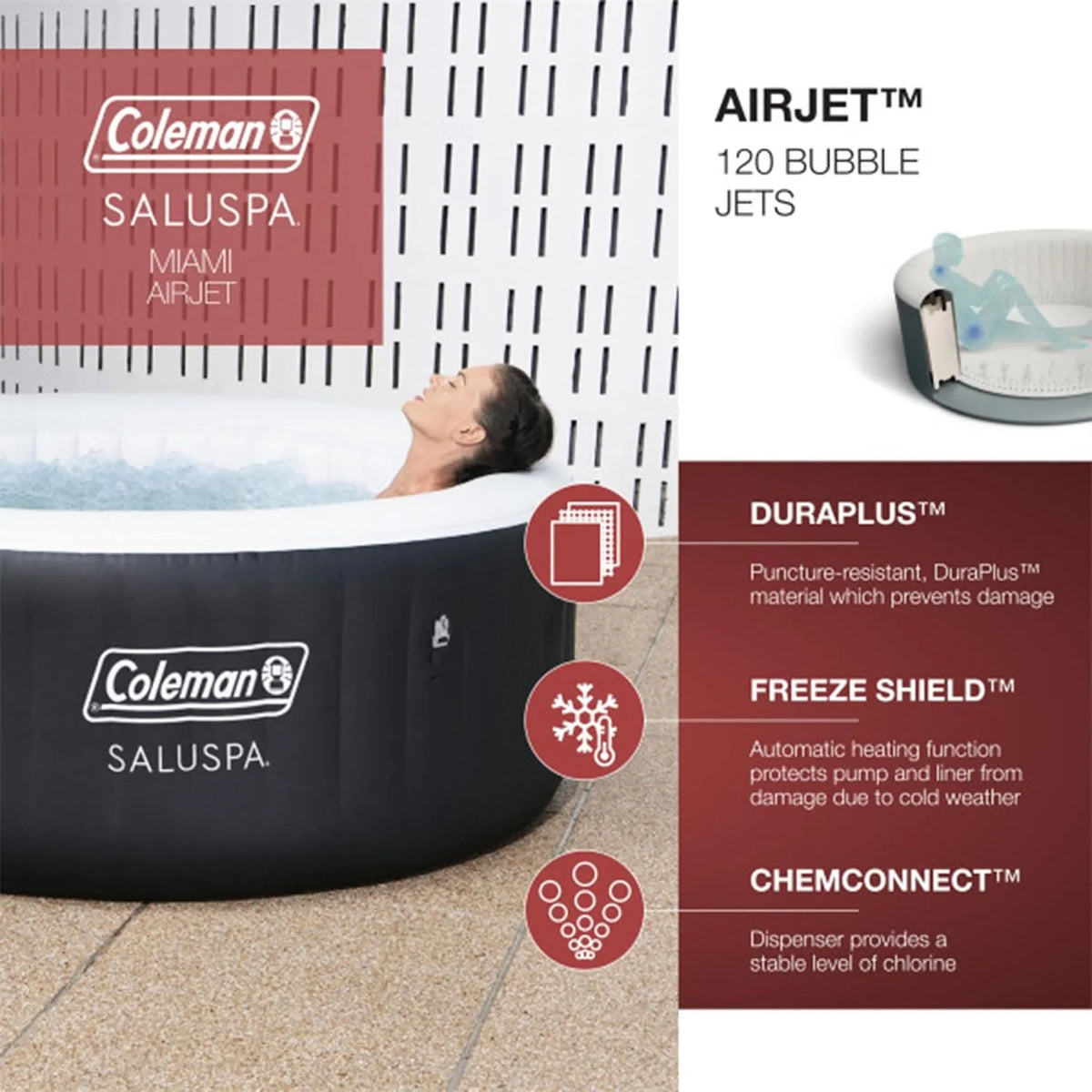 Coleman SaluSpa Miami AirJet 2 to 4 Person Round Inflatable Hot Tub Portable Outdoor Spa with 120 Soothing AirJets and Insulated Cover, Black