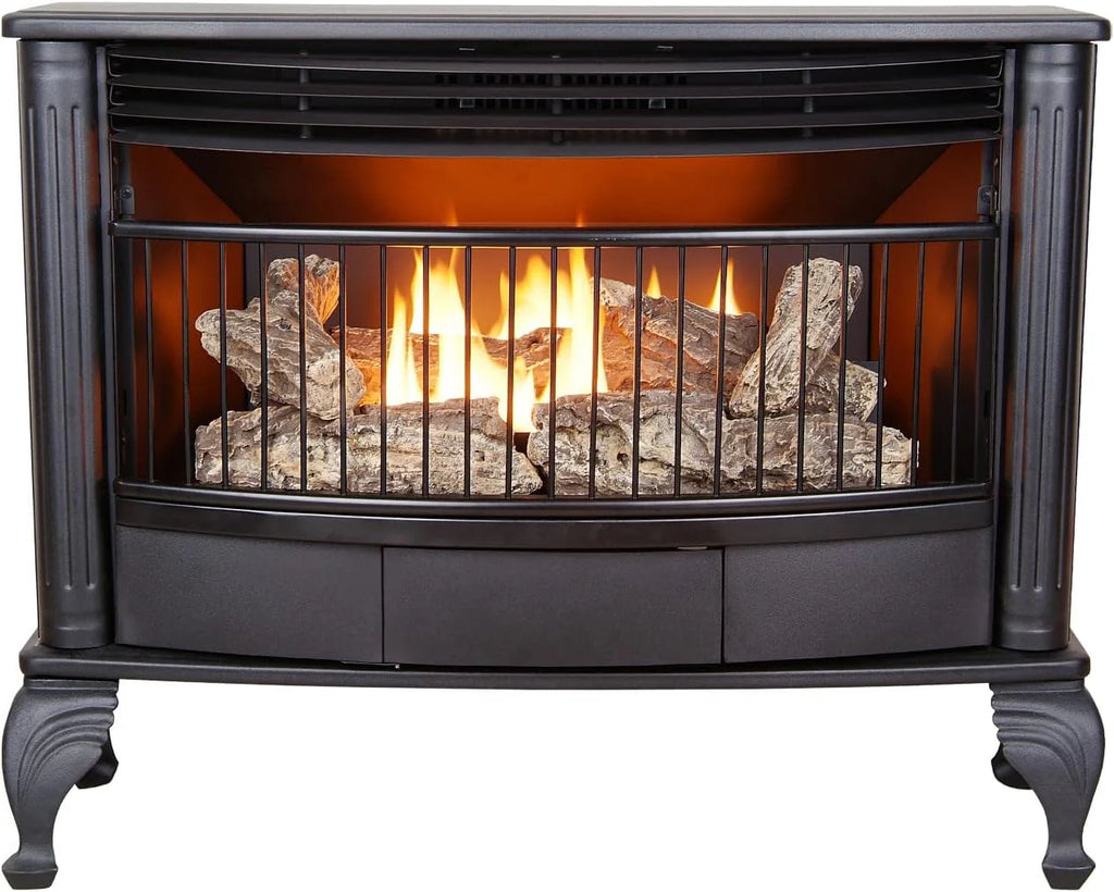 Vent-free 25,000 BTU space-saving freestanding dual-fuel fireplace with built-in thermostat control