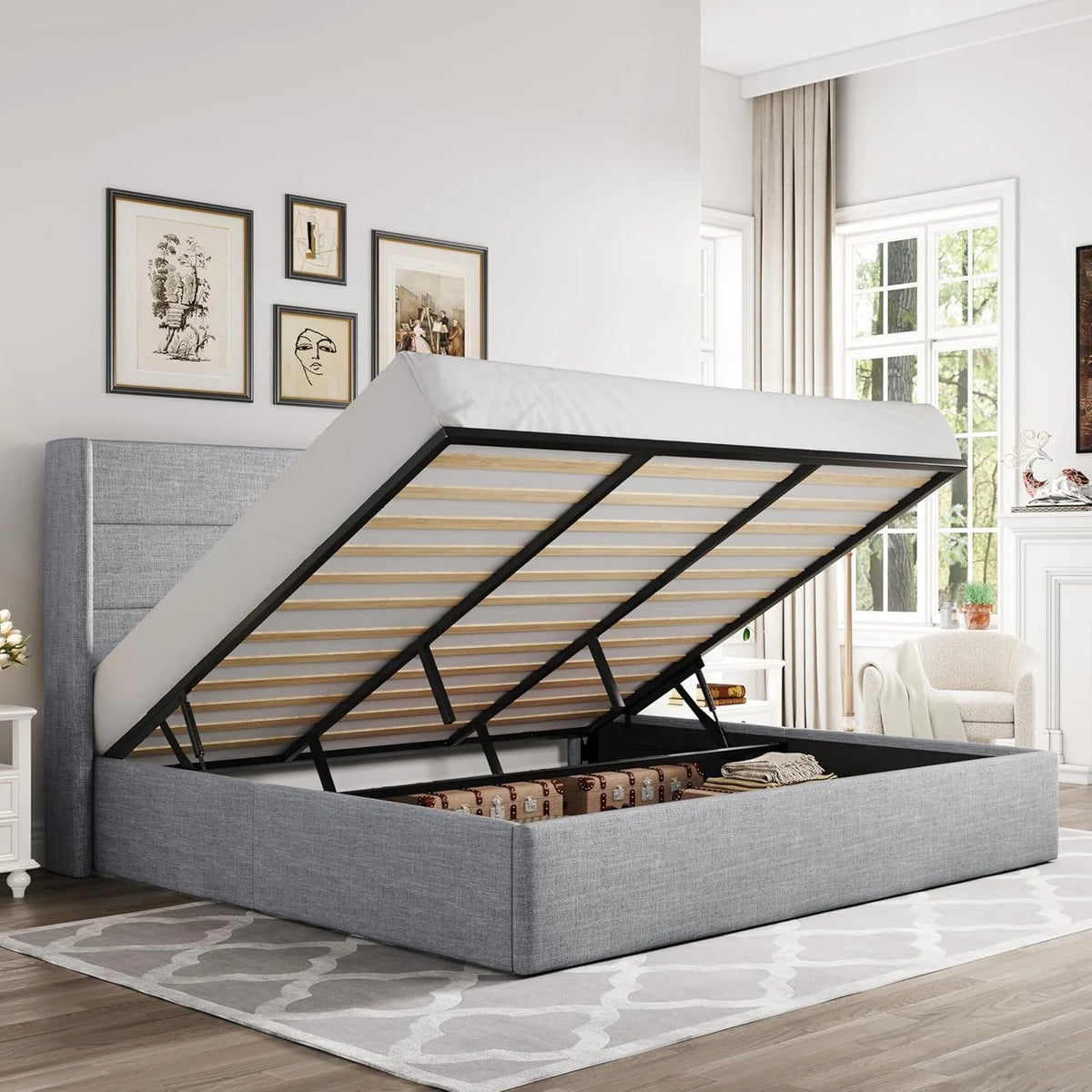 Allewie Queen Size Lift Up Storage Bed Modern Wingback Headboard Hydraulic Support