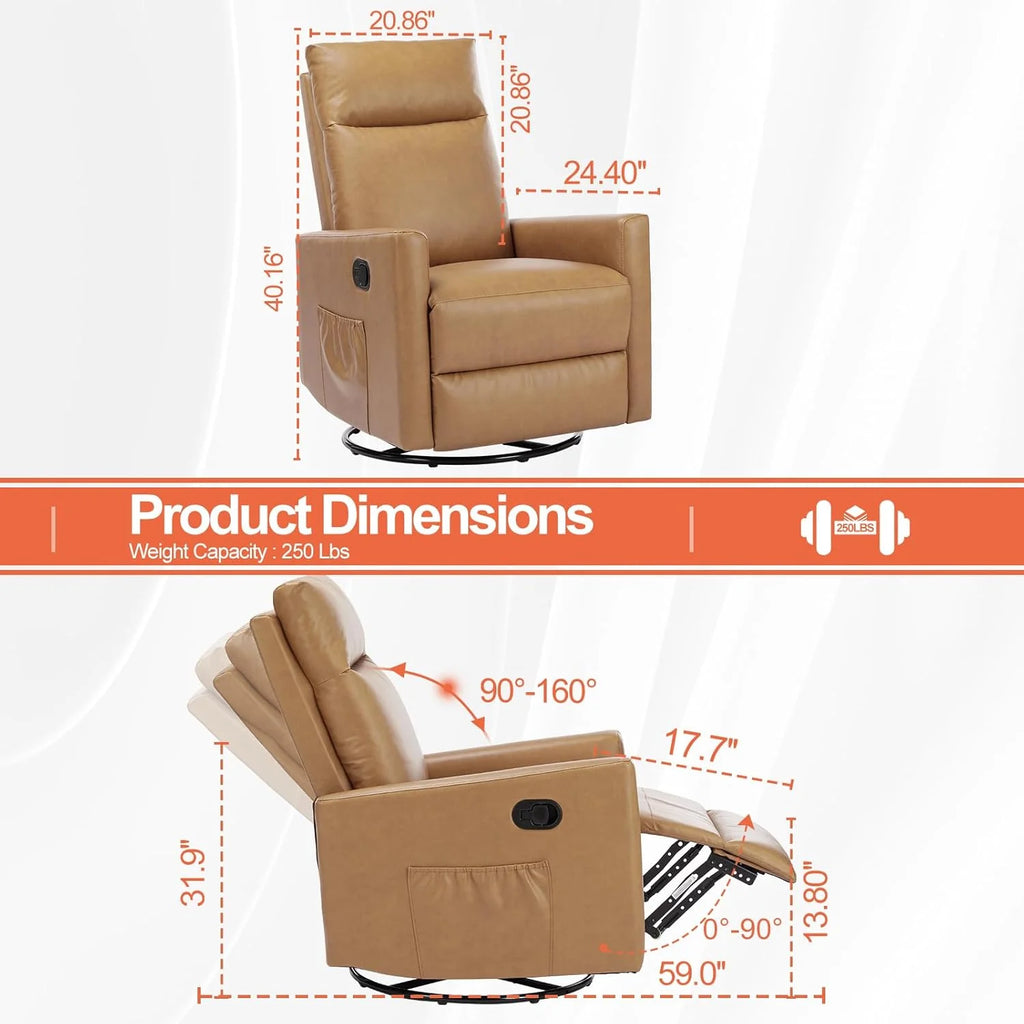 Sweetcrispy Recliner Chair, 360 Swivel Rocker Chair for Adults, Glider Rocker Recliners, Nursery Chairs for Living Room, High Back, Upholstered Deep Seat, Classical Brown