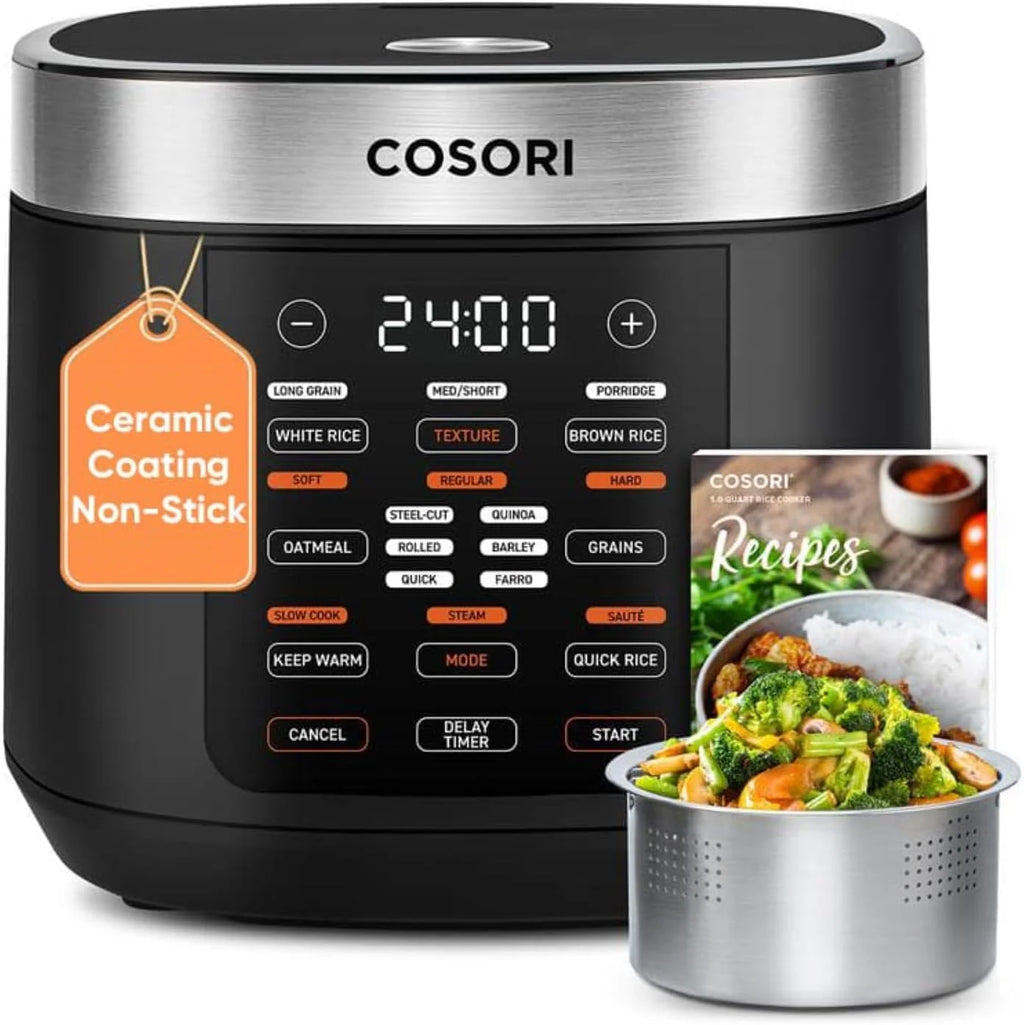 COSORI Rice Cooker 10 Cup, 24h Keep Warm, 18 Functions Fuzzy Logic Rice Maker with Stainless Steel Steamer Basket, Sauté, Slow Cooker