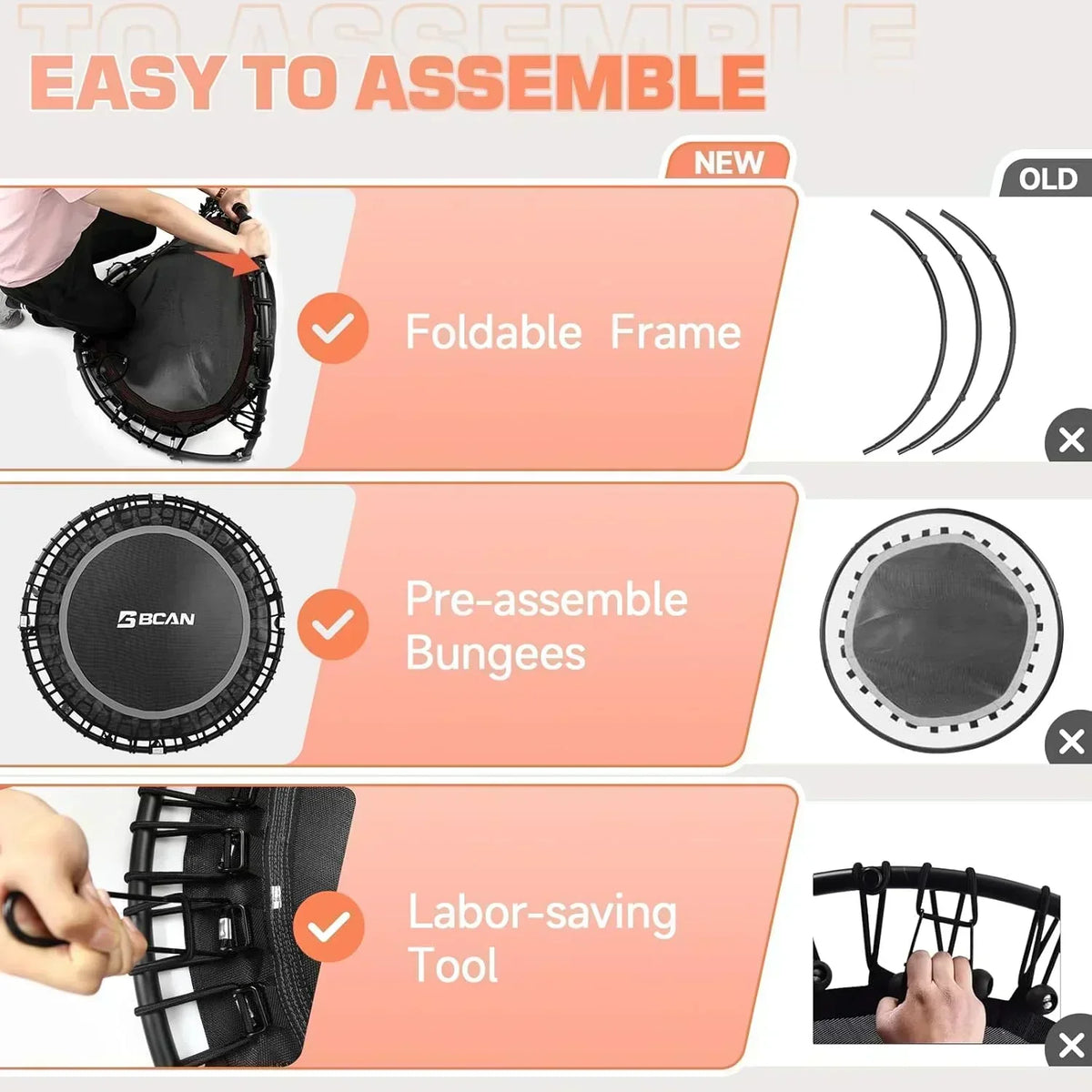 BCAN 450/550 LBS Foldable Mini Trampoline Fitness Trampoline Bungees Adjustable Foam Handle