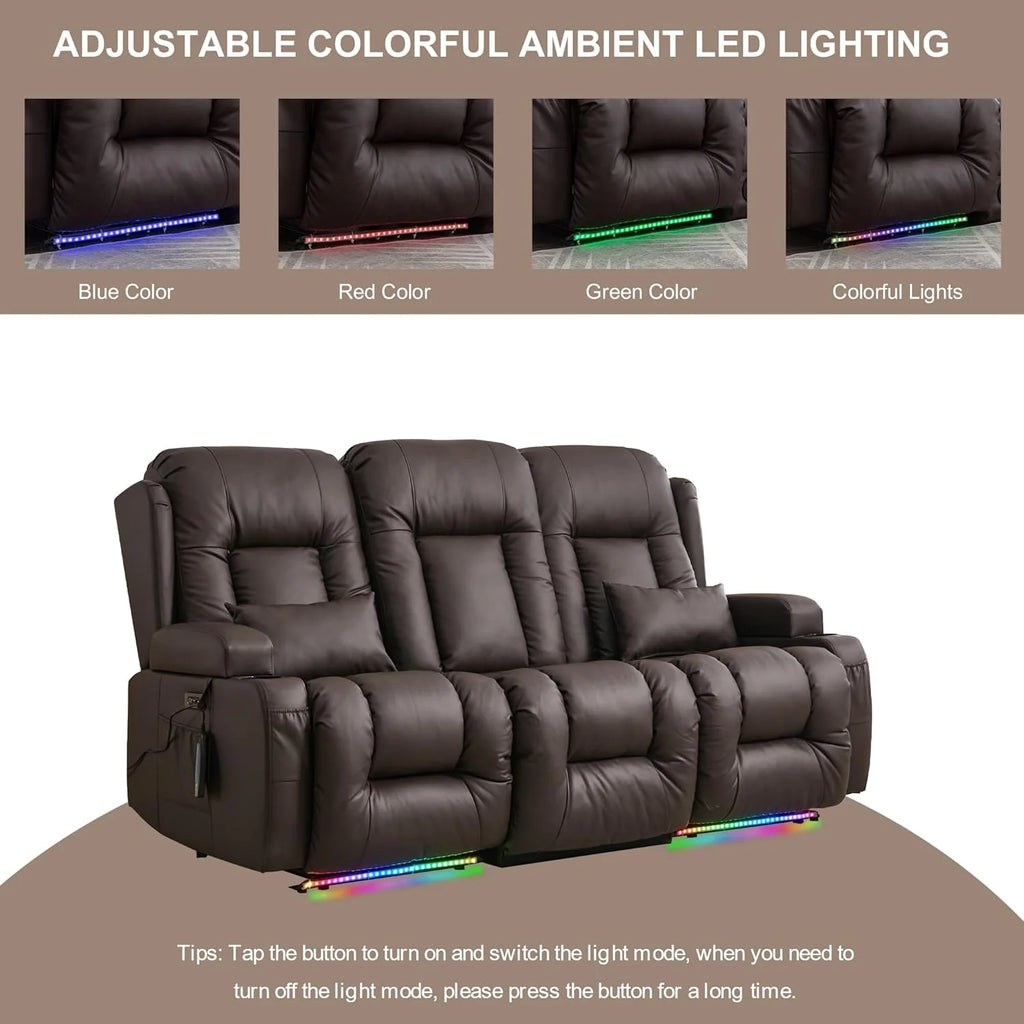 TUNYI Power Loveseat Recliner Sofa with Massage & Heat Home Theater Seating with Console Electric Recliner RV Sofa with USB/Outlet/Storage/Side Pocket/LED Light/Speaker (Brown, Loveseat)