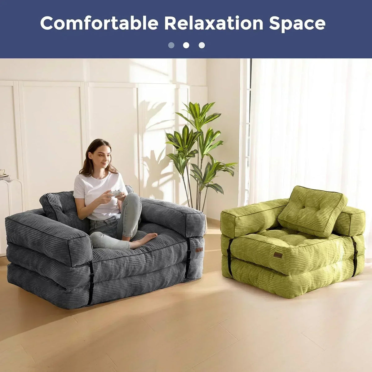 Folding Sofa Bed L-Shaped Convertible Sofa Bed with Armrests and Pillows