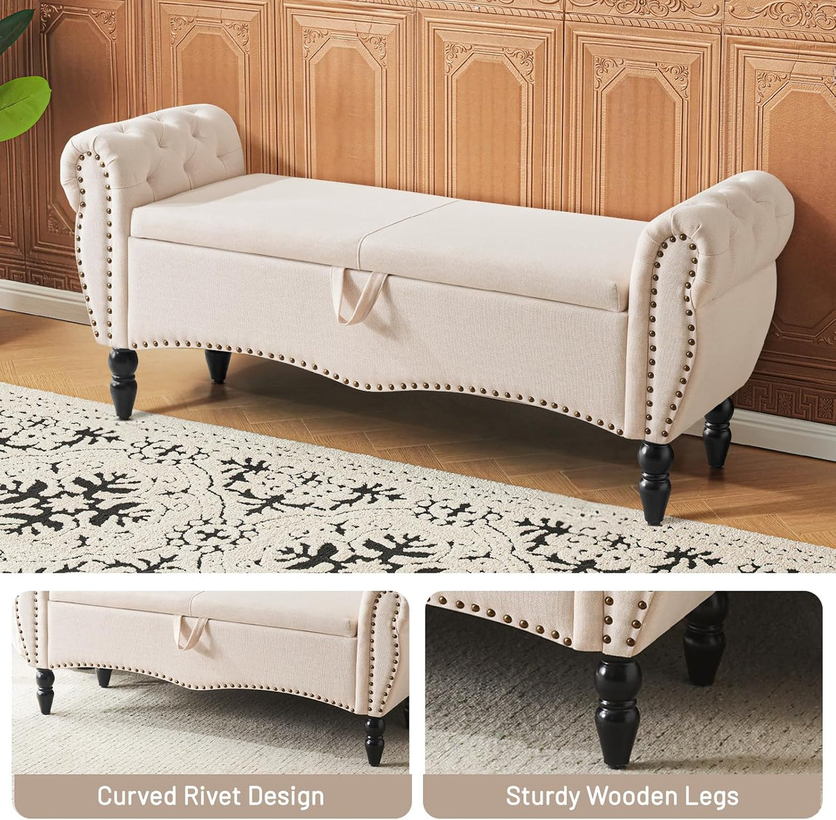 Furniliving Modern Storage Ottoman Bench, Sherpa Ottoman End of Bed Bench with Solid Wood Legs Upholstered Ottoman Benches with Storage Indoor Bench