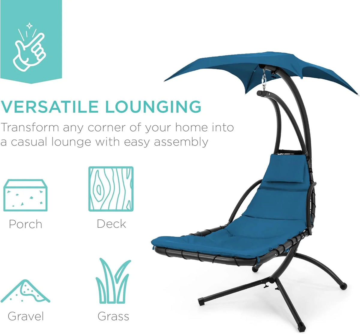 Best Choice Products Outdoor Hanging Curved Steel Chaise Lounge Chair Swing w/Built-in Pillow and Removable Canopy - Teal