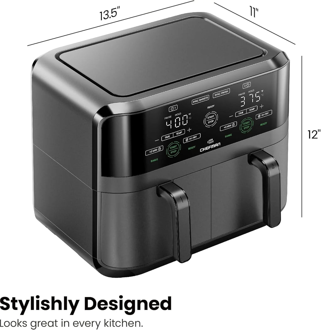 Chefman 6 Quart Dual Basket Air Fryer - Digital Touchscreen, Smart Sync Finish, Hi-Fry, Auto Shutoff, 2 Independent 3QT Nonstick Dishwasher-Safe Frying Baskets - Digital Double Air Fryer - Black