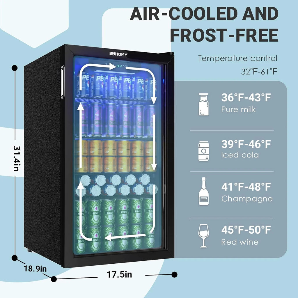 EUHOMY Beverage Refrigerator Cooler, 130 Can Mini Fridge with Glass Door for Soda Beer or Wine, Beverage Cooler for Home, Office, Bar with Adjustable Removable Shelves, Silver