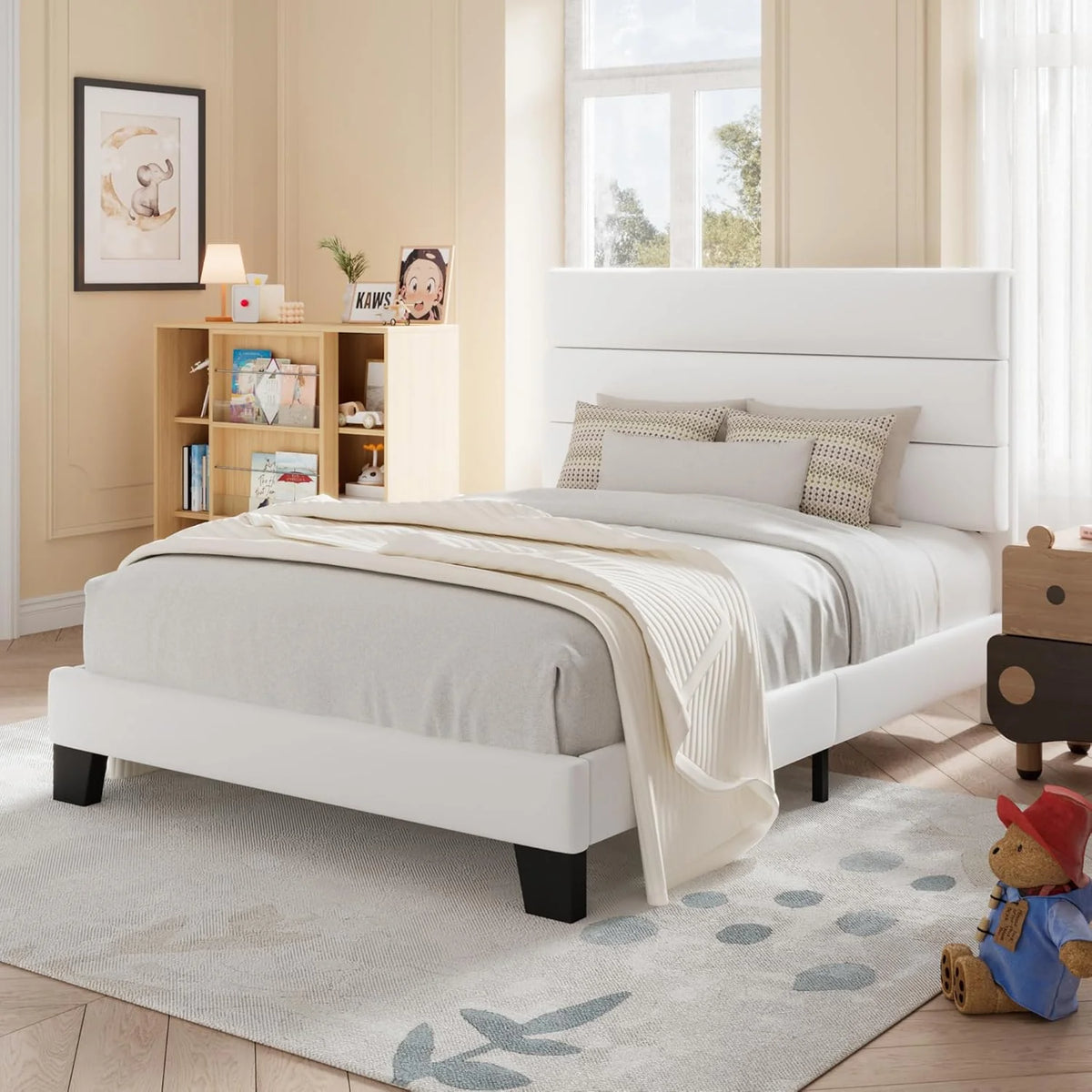 Allewie Queen Size Platform Bed Frame Fabric Upholstered Headboard Wooden Slats Support