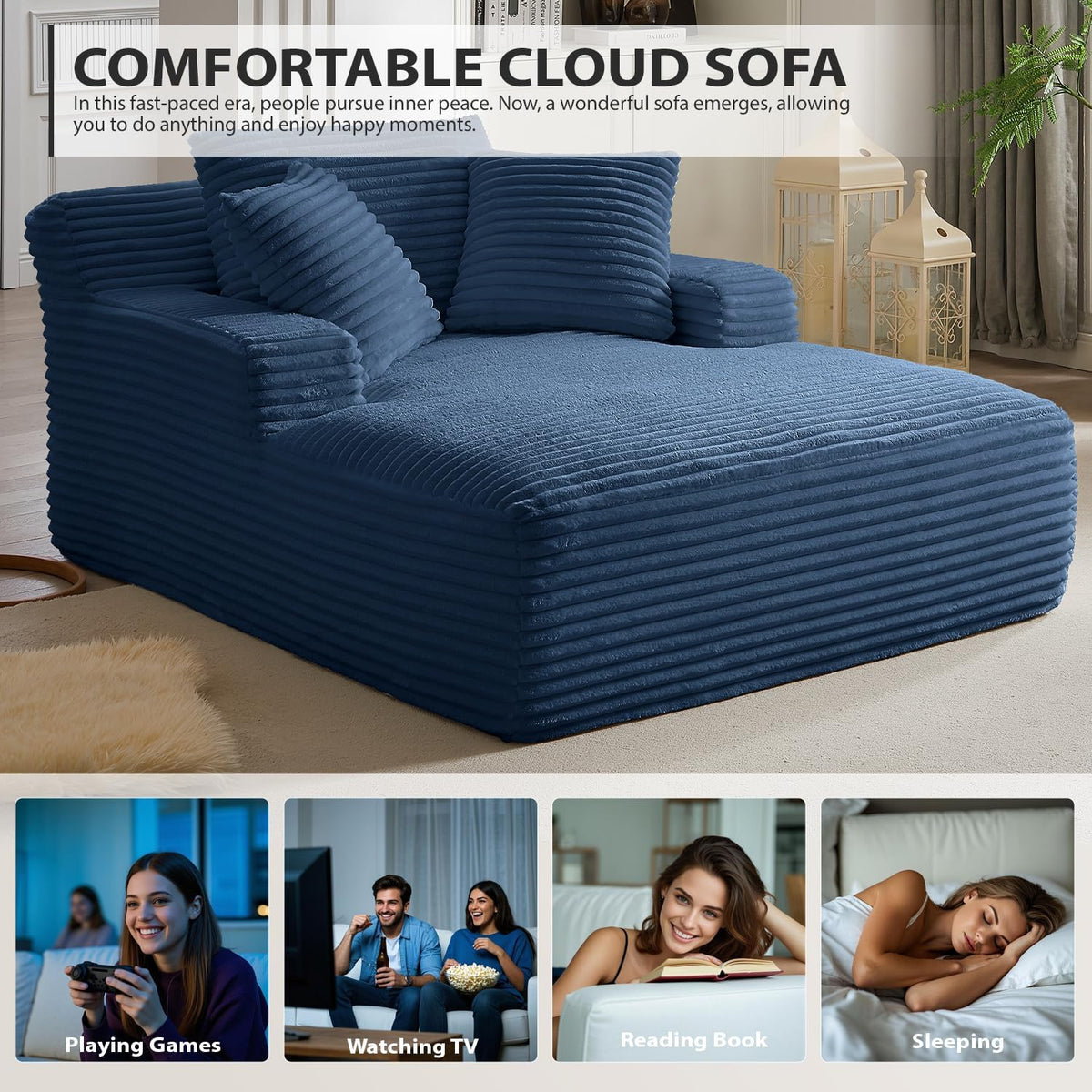 50-inch indoor recliner, oversized corduroy upholstered boneless sofa bed, deep sleeper sofa reading chair, cloud sofa, living room sofa
