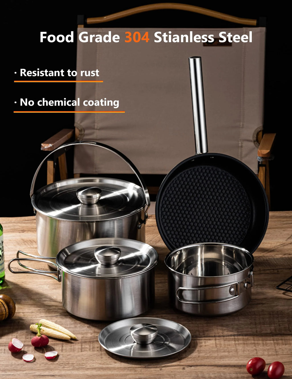 5 Piece Stainless Steel Camping Cookware Set with Skillet and Carry Bag for 4 to 8 People