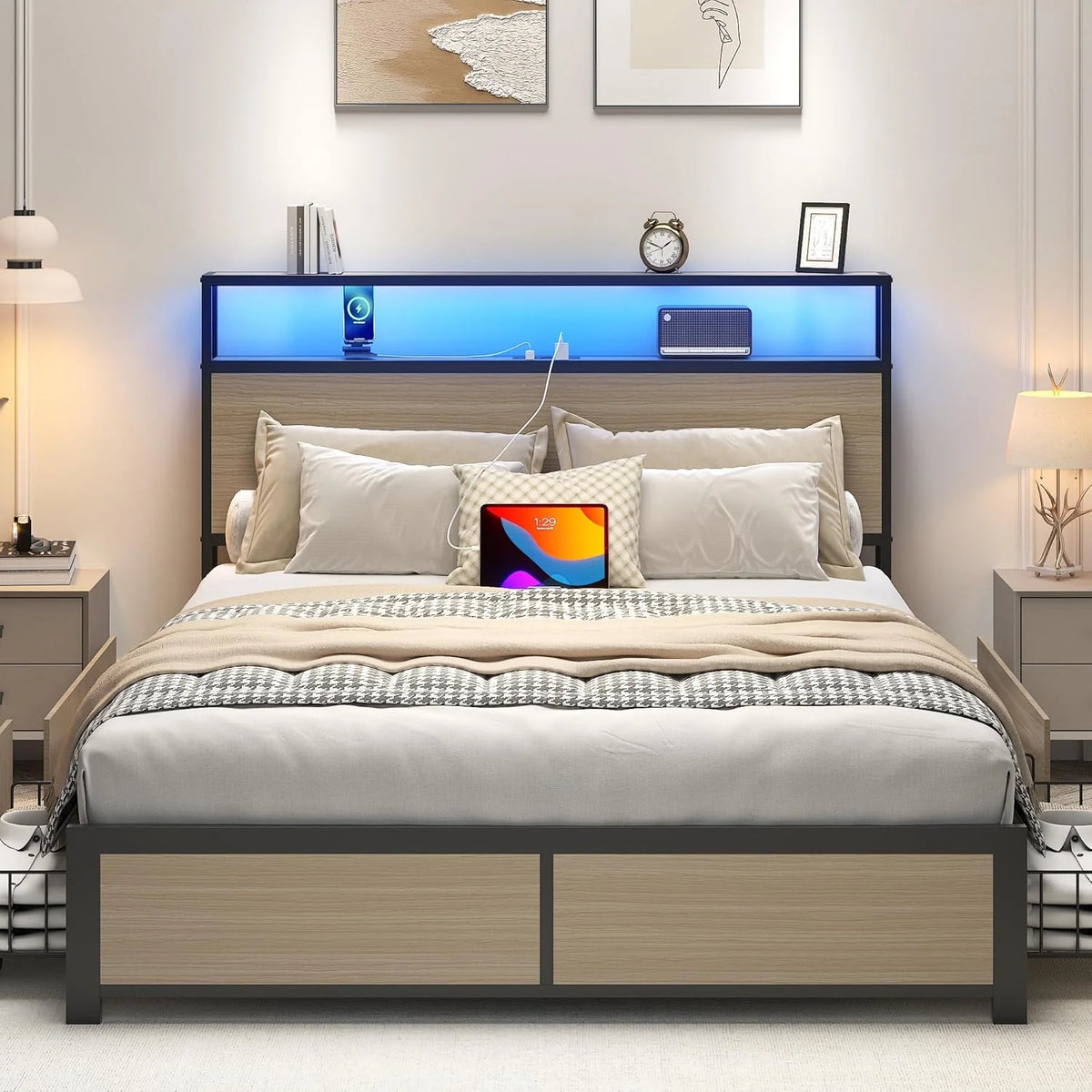 Lifezone Queen Bed Frame with 2-Tier Storage Headboard, Metal Platform Bed Frame with 4 Storage Drawers, Built in Charging Station & LED, Noise-Free/Metal Support/No Box Spring Needed