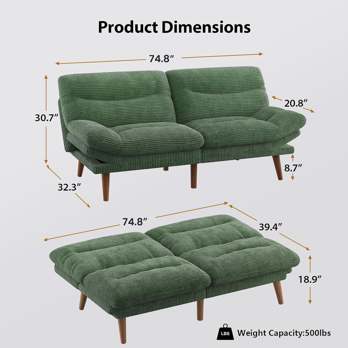 Convertible Futon Sofa Bed 66 Inch Corduroy Futon Sofa Recliner Sofa Bed for Small Spaces