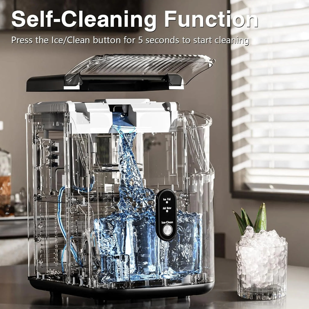 Nugget Ice Makers Countertop, Pebble Ice Machine with Chewable Pellet Ice, 34Lbs/24H, Self-Cleaning, Sonic Ice, One-Click Operation, for Kitchen,Office Stainless Steel Silver