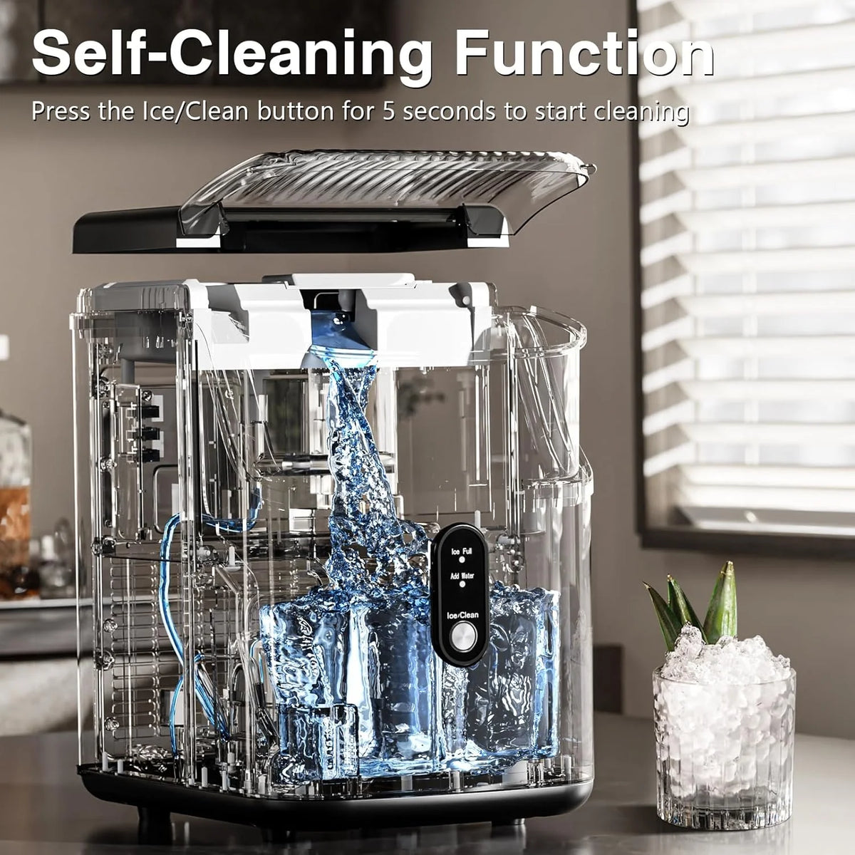 Nugget Ice Makers Countertop, Pebble Ice Machine with Chewable Pellet Ice, 34Lbs/24H, Self-Cleaning, Sonic Ice, One-Click Operation, for Kitchen,Office Stainless Steel Silver