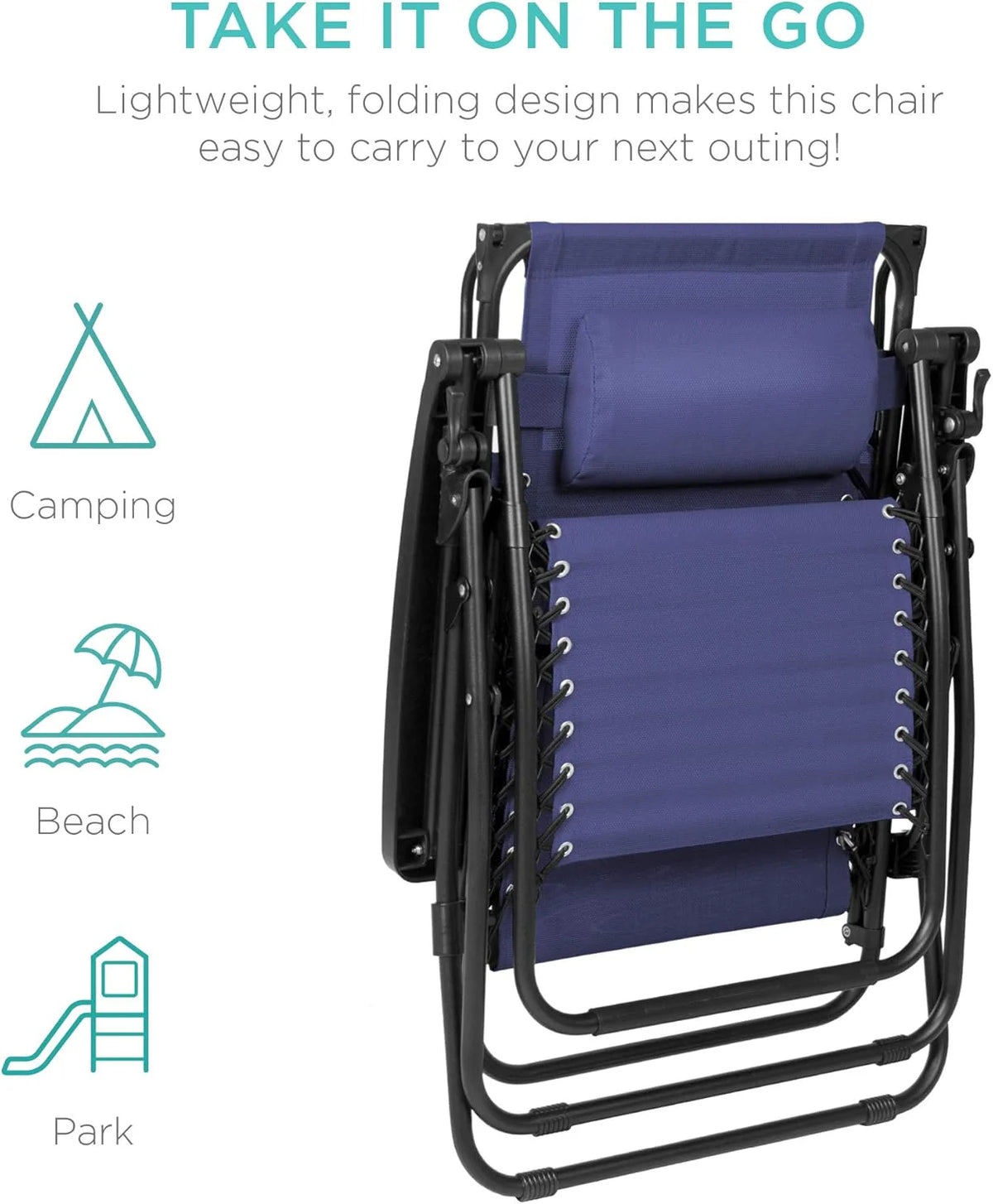 Best Choice Products Folding Zero Gravity Outdoor Recliner Patio Lounge Chair w/Adjustable Canopy Shade, Headrest, Side Accessory Tray, Textilene Mesh - Peacock Blue