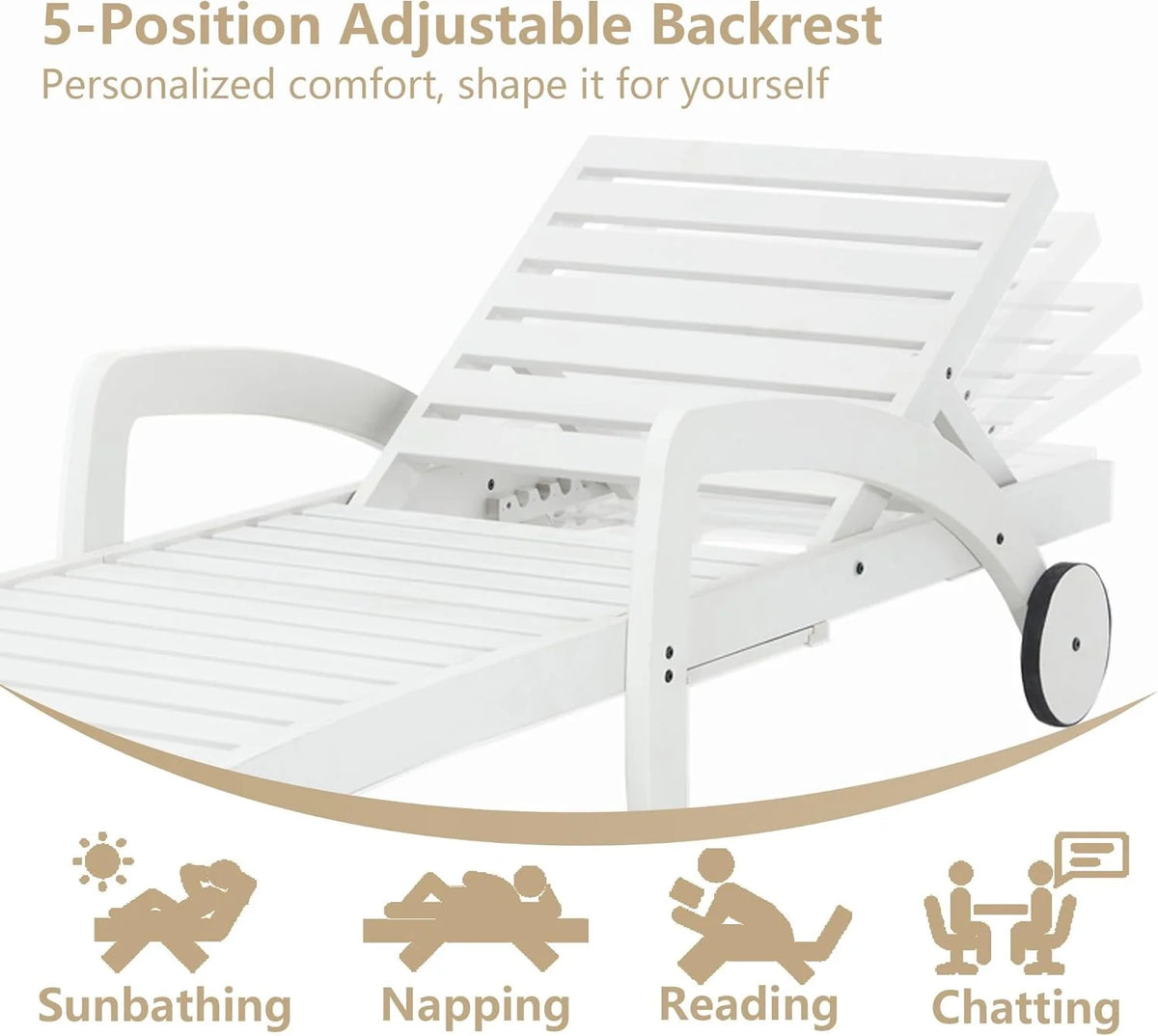 Pool Chaise Lounge Chairs Set of 4 5-Position Adjustable Outdoor Patio Lounge Chairs Wood Reclining Chaise Lounger Chair with Pullout Side Table