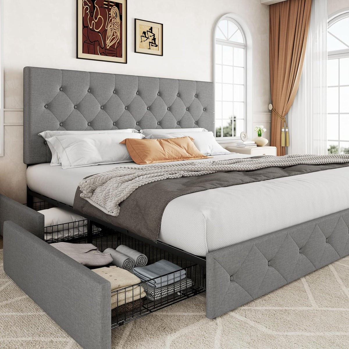 Allewie Upholstered Queen Size Platform Bed Frame with 4 Storage Drawers and Headboard