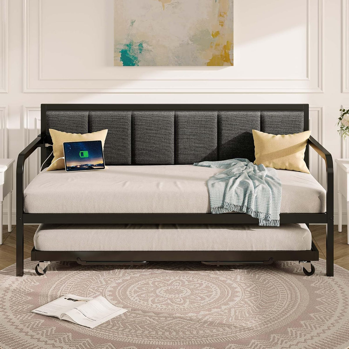 Rolanstar Daybed with Charging Station and LED Lights, Height Adjustable Twin Daybed with Trundle, Metal Sofa Bed Frame with Steel Slat Support