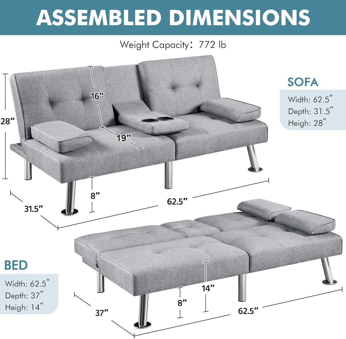 Convertible Sofa Bed Modern Imitation Leather Home Recliner Flip Double Sofa Folding Sofa Bed Guest Bed