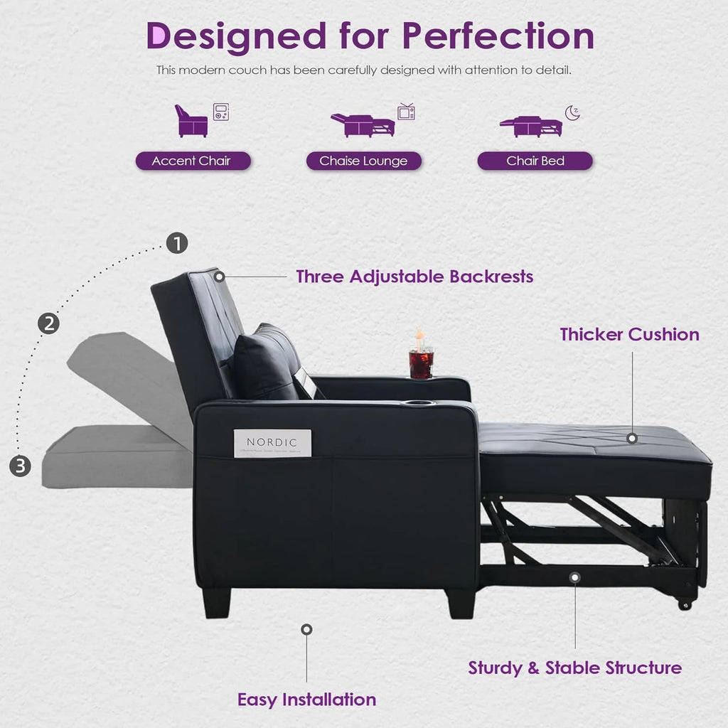 Adult Convertible Sleeper Chair Bed, 3-in-1 Pull-Out Sofa Bed with USB/Type-C Ports, Cup Holders, Side Pockets, Single Sofa