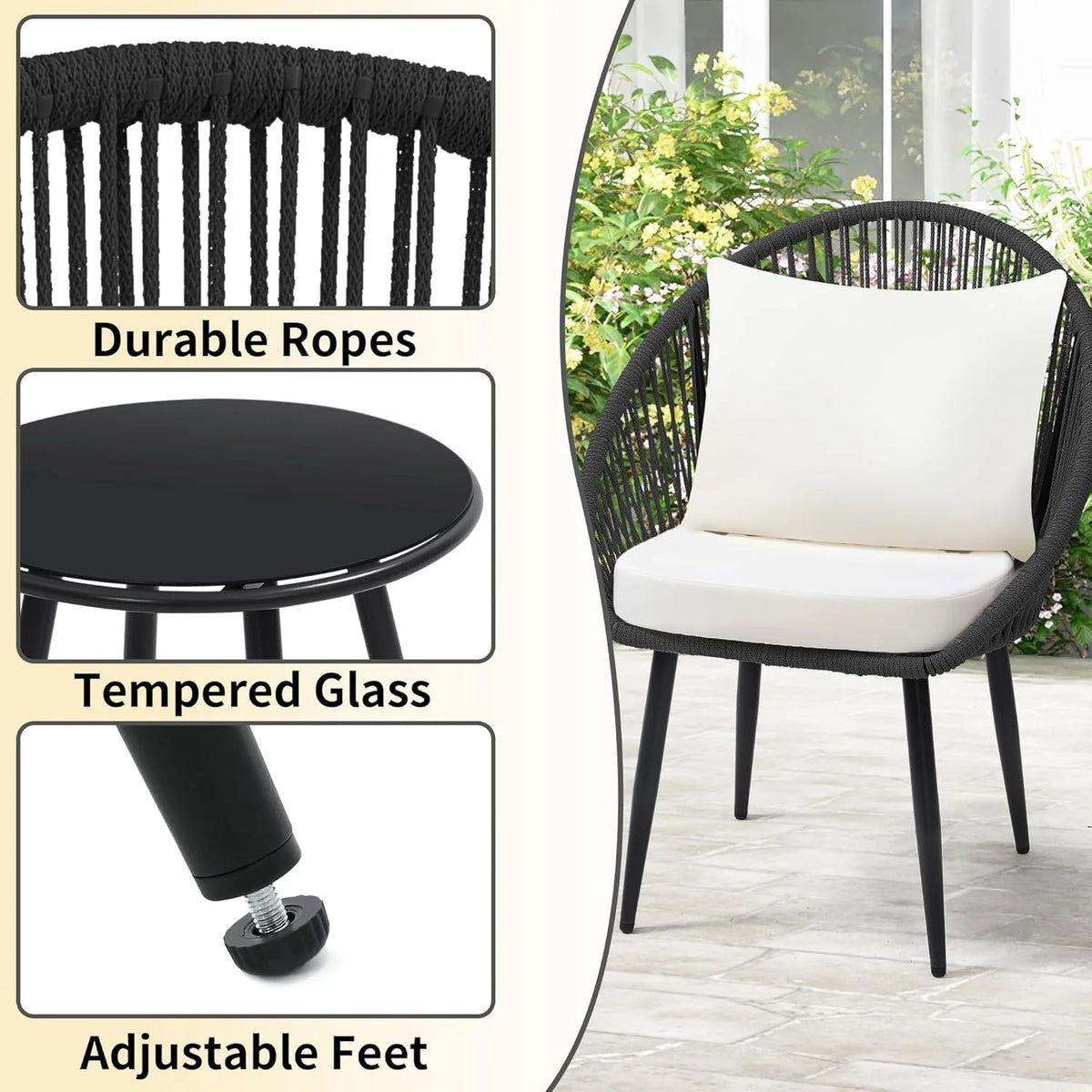 3 Piece Bistro Set, Woven Rope Chair with Cushions, All Weather Patio Conversation Set with Side Table, Ideal for Deck, Balcony, Poolside, Black