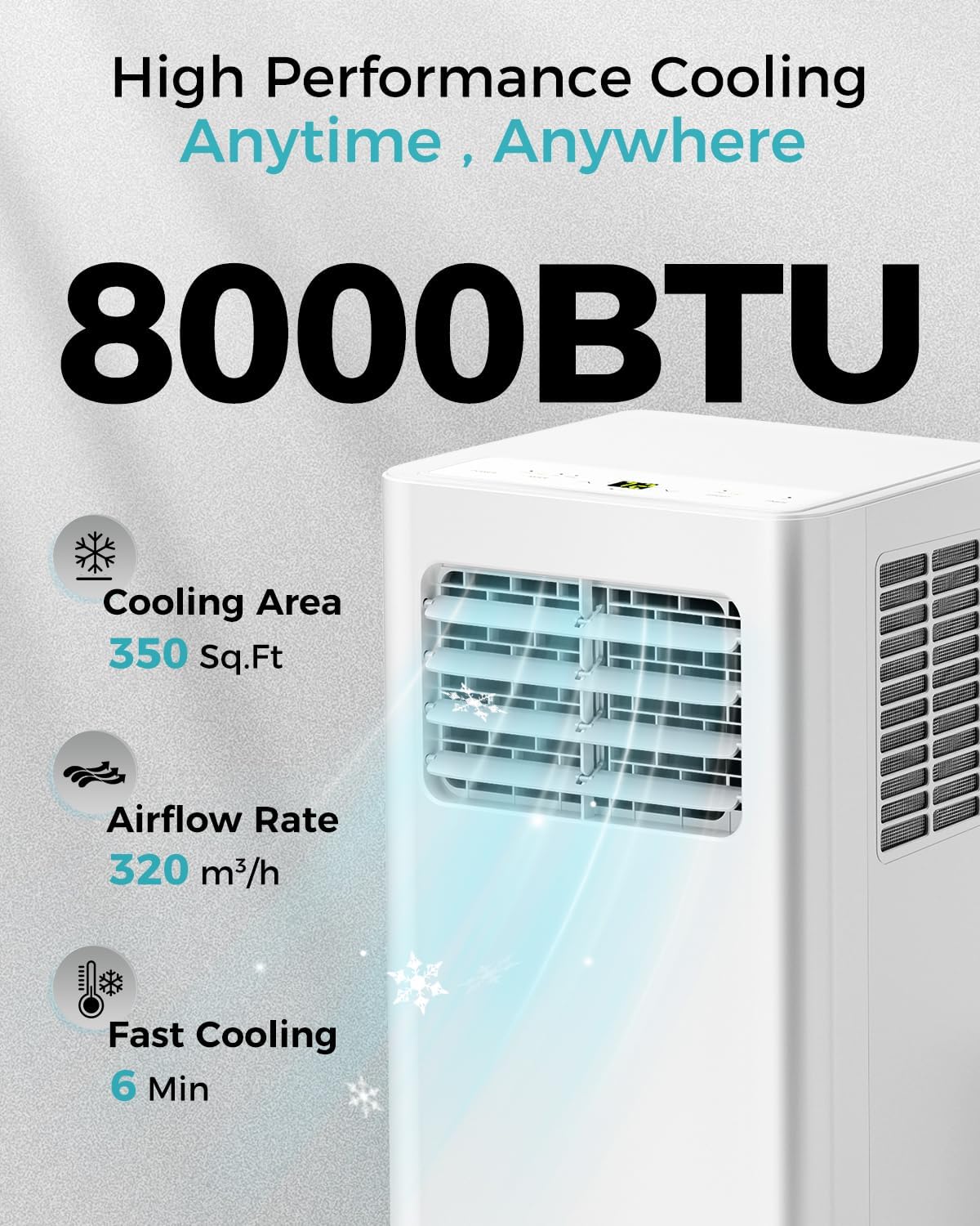 8,000 BTU Portable Air Conditioner - 3-in-1 AC Unit with Remote Control, Ultra-Quiet Cooling for Rooms up to 350 sq. ft., 24H Timer, Sleep Mode