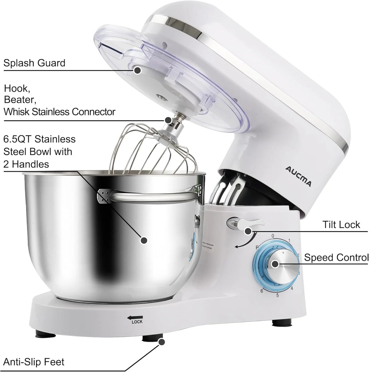 Aucma Stand Mixer,6.5-QT 660W 6-Speed Tilt-Head Food Mixer, Kitchen Electric Mixer with Dough Hook