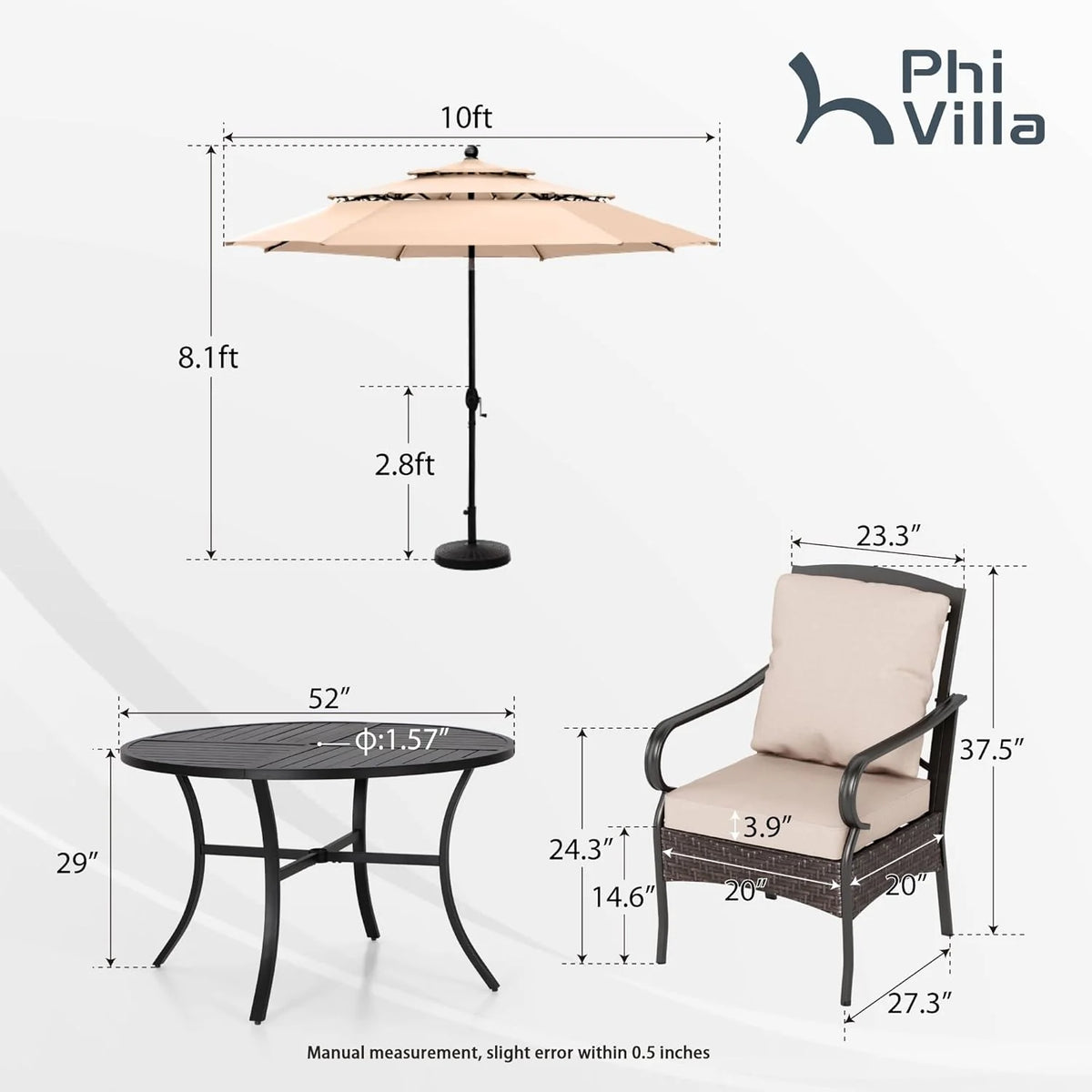 PHI VILLA 6-Piece Outdoor Dining Sets, All-Weather Patio Table and Chairs Set with Umbrella for 4, Heavy Duty Patio Round Table Set for Deck, 4 Extra Large Outdoor Swivel Chairs with Thick Cushions