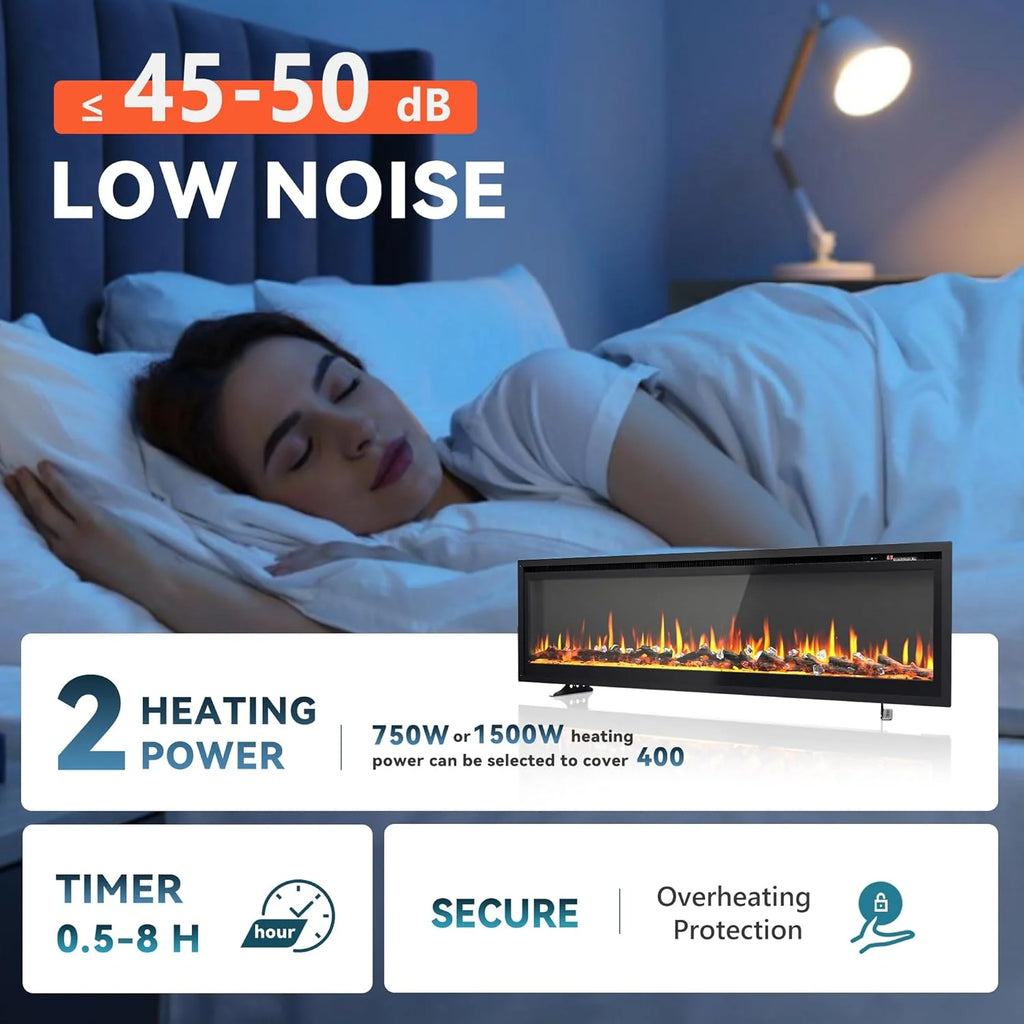 EUHOMY 50 Inch Electric Fireplace Wall Recessed and Wall Mounted with Adjustable Flame Color, Fireplace Heater with Remote Control, Linear Fireplace with Timer, Touch Screen, Log & Crystal, 750/1500W