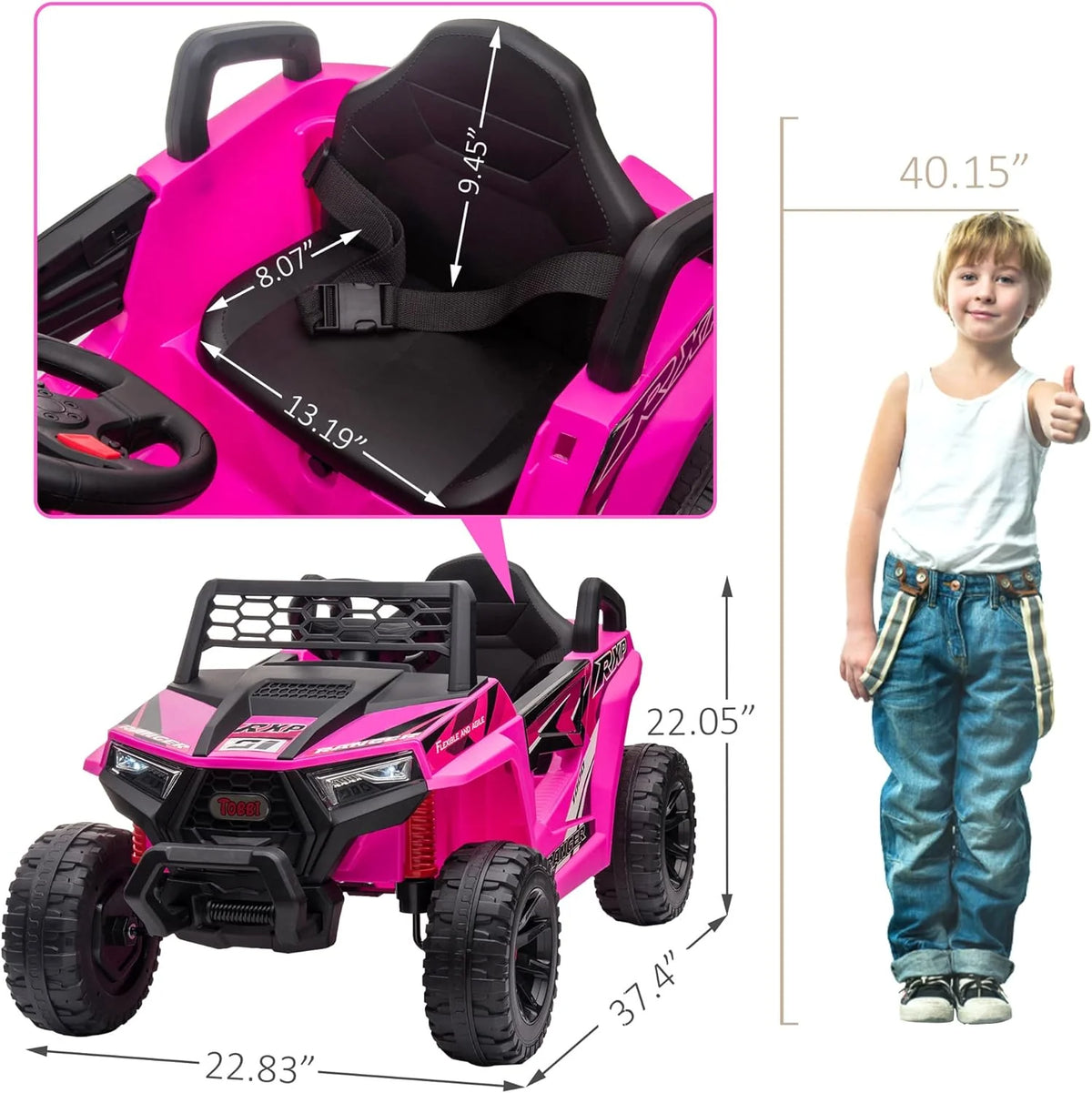 TOBBI 12V Kids Ride on Car, Electric Off-Road UTV Truck with Diverse Functions, Double Open Doors, Safety Belt, Horn, Music, and Lights for Kids Aged 3-5 Years (Rose Red)