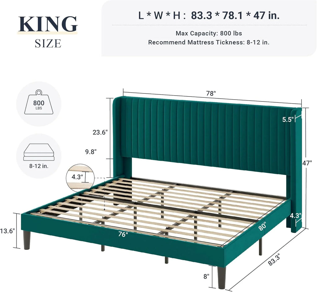 Allewie Full Size Velvet Bed Frame Vertical Channel Tufted Wingback Headboard Upholstered Bed