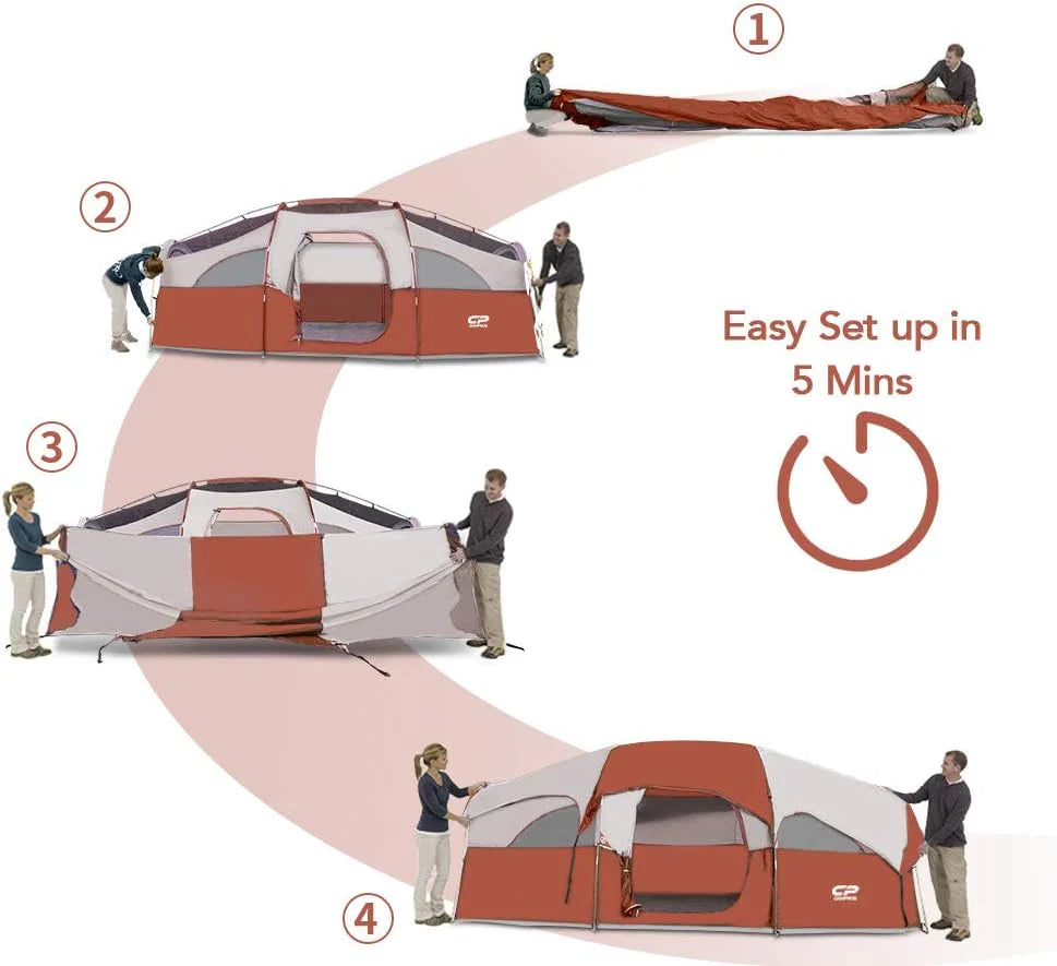 CAMPROS CP Tent 8 Person Camping Tents, Weather Resistant Family Tent, 5 Large Mesh Windows, Double Layer, Divided Curtain for Separated Room, Portable with Carry Bag