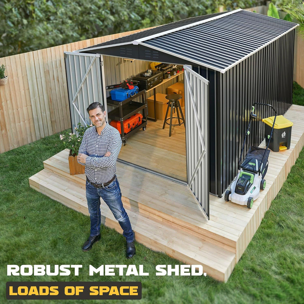 Polar Aurora 8 x 12 FT Outdoor Storage Shed, Metal Garden Shed with Updated Frame Structure, Tool Sheds for Backyard Garden Patio Lawn Black