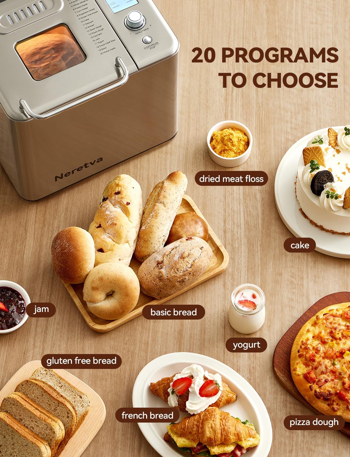Neretva Bread Maker 20-in-1 2LB Bread Maker Dual Heater Bread Maker Automatic Ceramic Pan